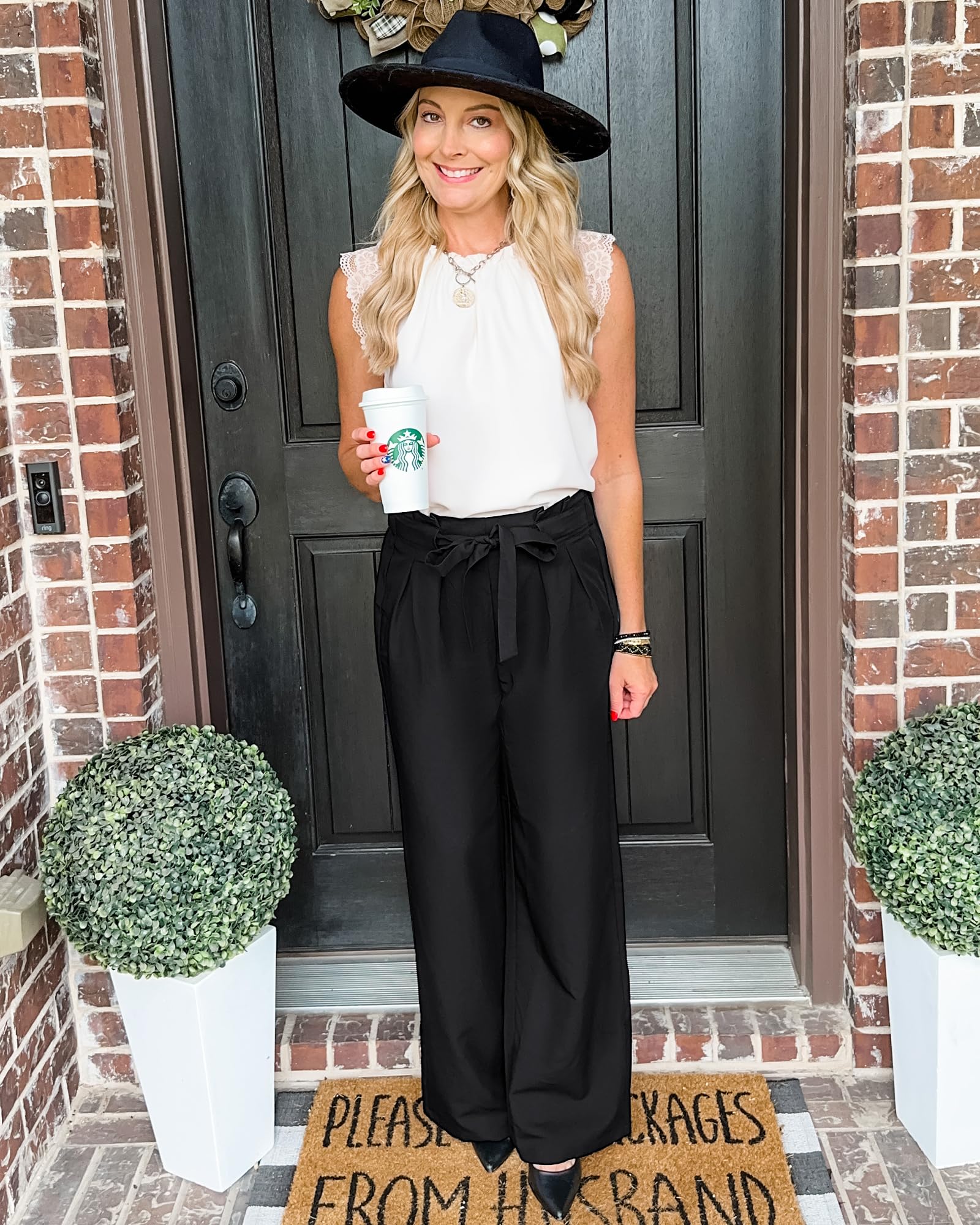 GRAPENT Women's High Waisted Wide Leg Dress Pants - Elastic Waist Pleated Work Trousers for Office & Casual Wear | Trendy Belted Pants for Business, Travel & Everyday Outfits