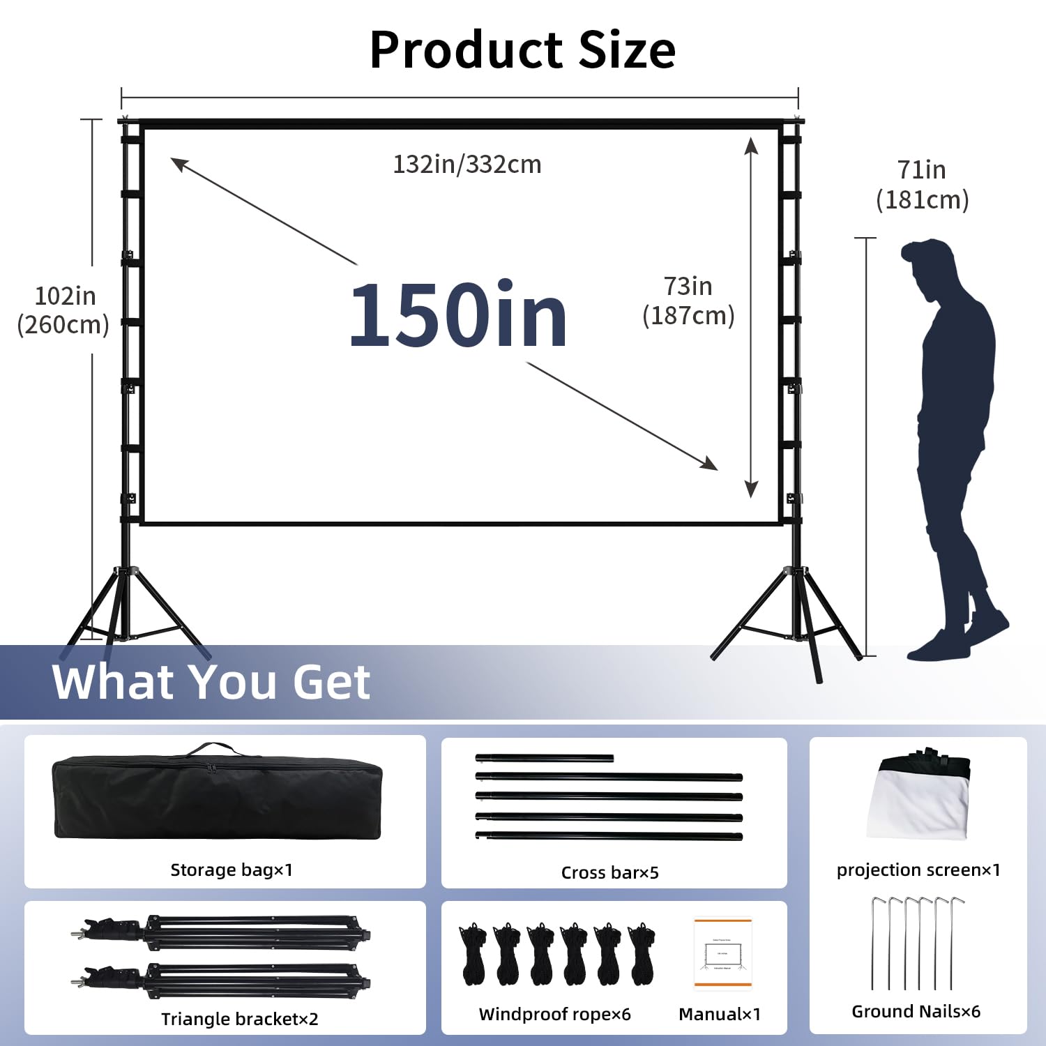Wootfairy 150 Inch Portable Projector Screen with Stand - Foldable 4K HD 16:9 Wrinkle-Free Movie Screen for Indoor & Outdoor Use | Home Theater, Backyard Cinema, Parties & Presentations | Includes Carry Bag