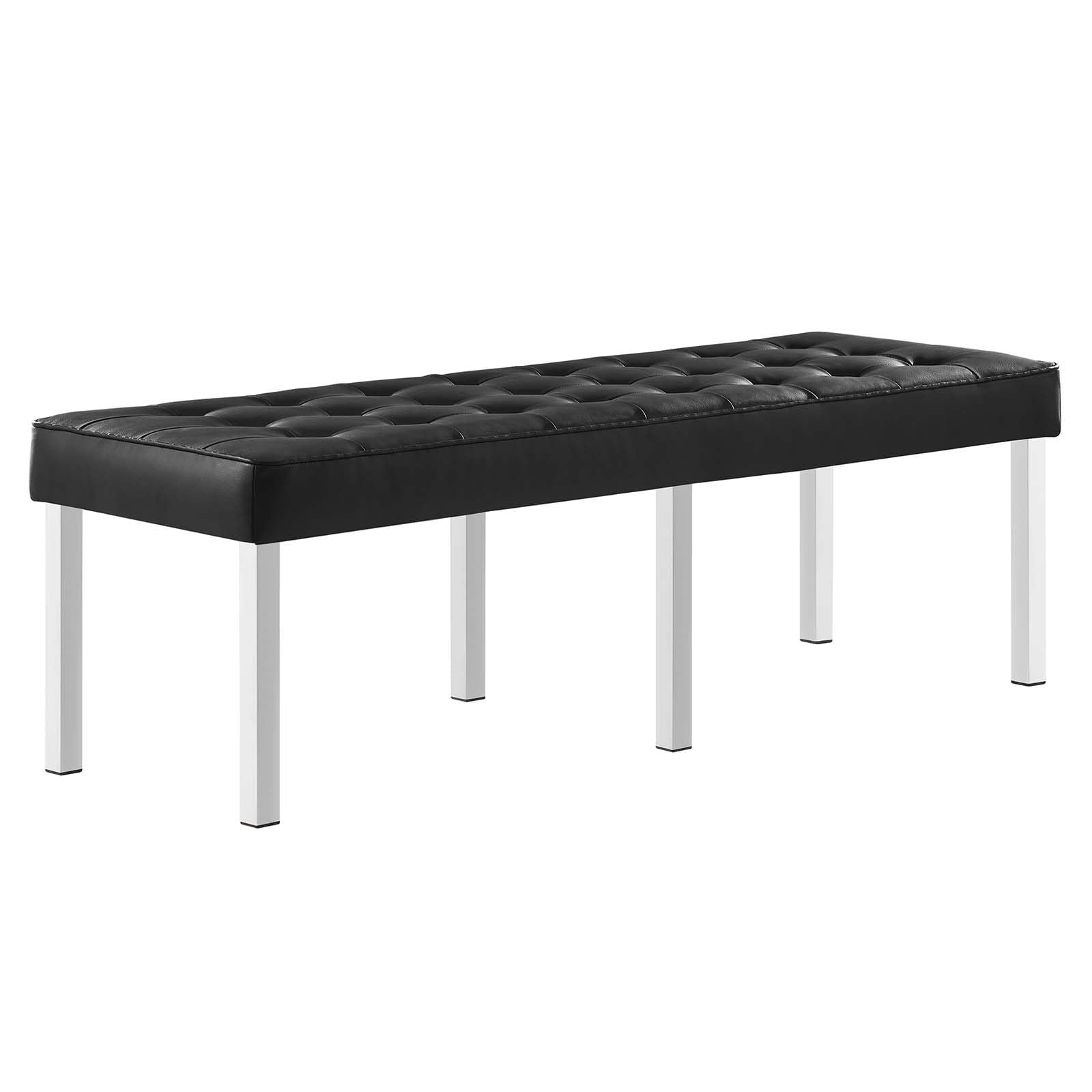 Modern Accent Chair Bench for Living Room - Faux Leather Upholstery with Metal Steel Frame in Black & Silver | Perfect for Lounge, Reading Nook, or Bedroom Seating