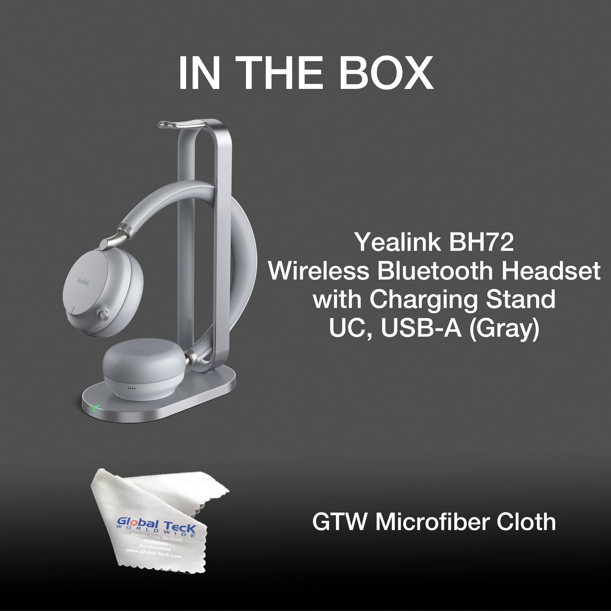 Yealink BH72 Wireless Bluetooth Headset with Charging Stand - USB-A (Grey) | Noise Cancelling Office Headset for Zoom/Teams Calls | Includes GTW Bundle & Microfiber Cloth | Perfect for Remote Work & Home Office Use