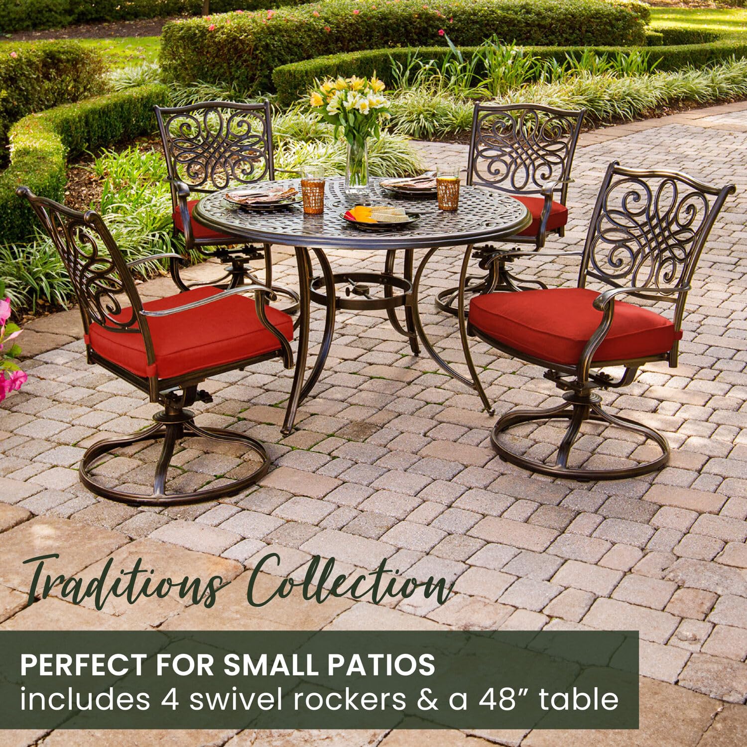 Hanover Traditions 5-Piece Outdoor Patio Dining Set - 48'' Round Rust-Resistant Table & 4 Swivel Rocker Chairs with Weatherproof Autumn Berry Red Cushions - Modern Garden Furniture for Backyard, Deck, and Poolside Dining