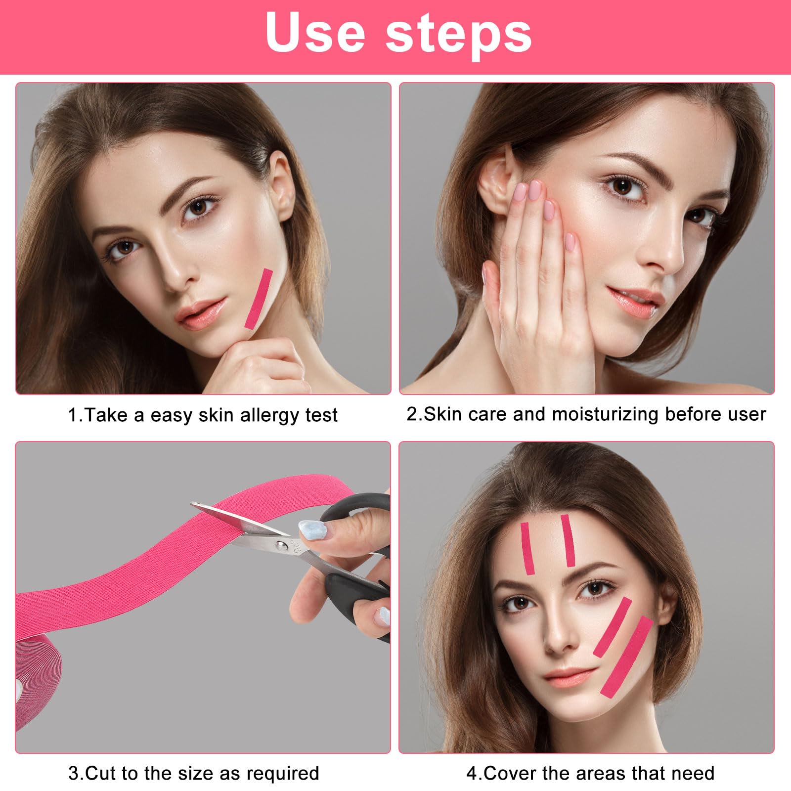 ZMDMAH 4 Rolls Face Lift Tape - Anti Wrinkle Face Patch & Kinesiology Tape for Face Wrinkles, Skin Firming & Tightening, 2.5 cm x 5 m (Pink + Skin) - Perfect for Instant Face Lift, Makeup Prep & Special Occasions
