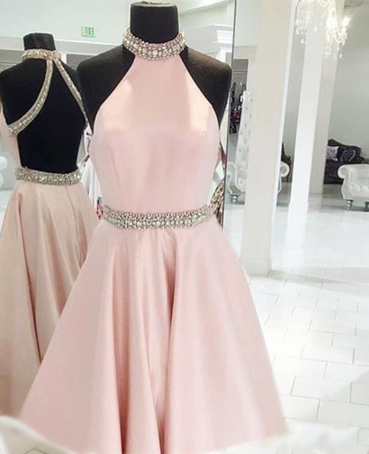 Elegant Crystal Beaded High Neck Pink Satin Prom Dress 2024 | Formal Homecoming Gown for Women | Perfect for Dances, Parties & Special Occasions