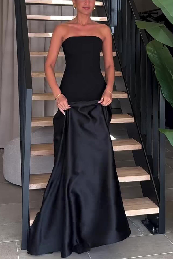 Timeless Elegance Satin Patchwork Strapless Flare Gown Maxi Dress for Women | Formal Evening Gown for Prom, Wedding, Red Carpet Events