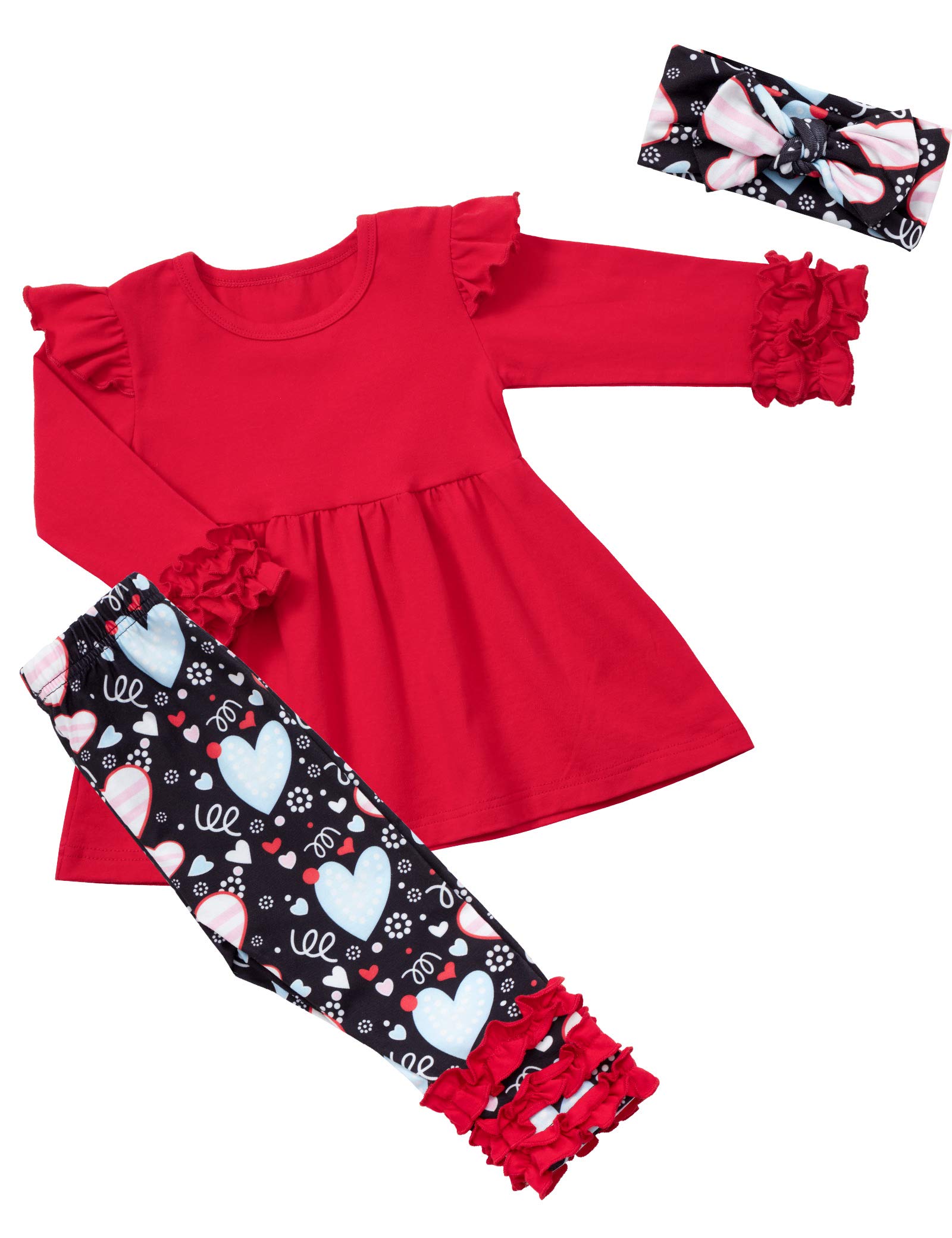 Valentine's Day Baby Girl Outfits 3Pcs Set - Ruffled Long Sleeve Top & Heart Print Pants for Toddlers | Cute Holiday Photo Shoot & Party Wear