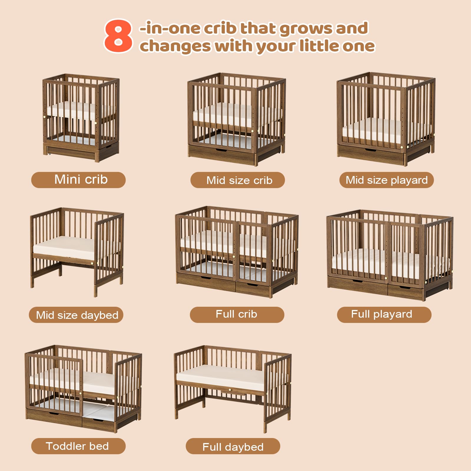 JOYMOR 8-in-1 Convertible Baby Crib with Storage Drawer - Includes 2