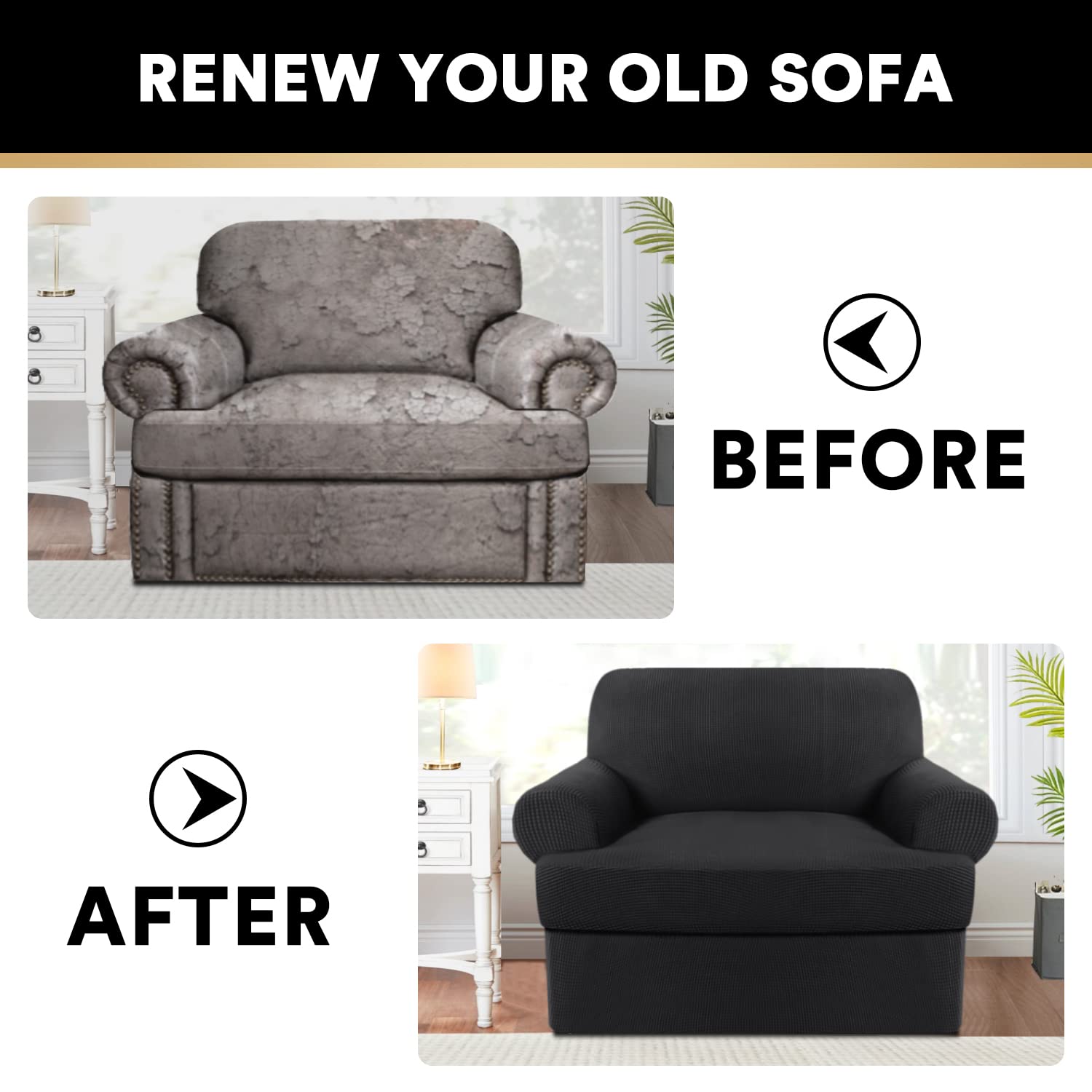 PrinceDeco 2-Piece Stretch Armchair Slipcover Set with T-Cushion Cover - Soft Furniture Protector for Living Room, Bedroom & Office - Machine Washable Black Chair Covers for Comfort & Style
