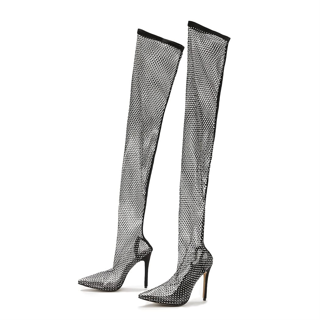 Elbslutt Women's Sparkly Stilettos Mesh Thigh High Boots - Pointed Toe Rhinestone Heels Over The Knee Summer Boots for Party, Night Out & Special Occasions