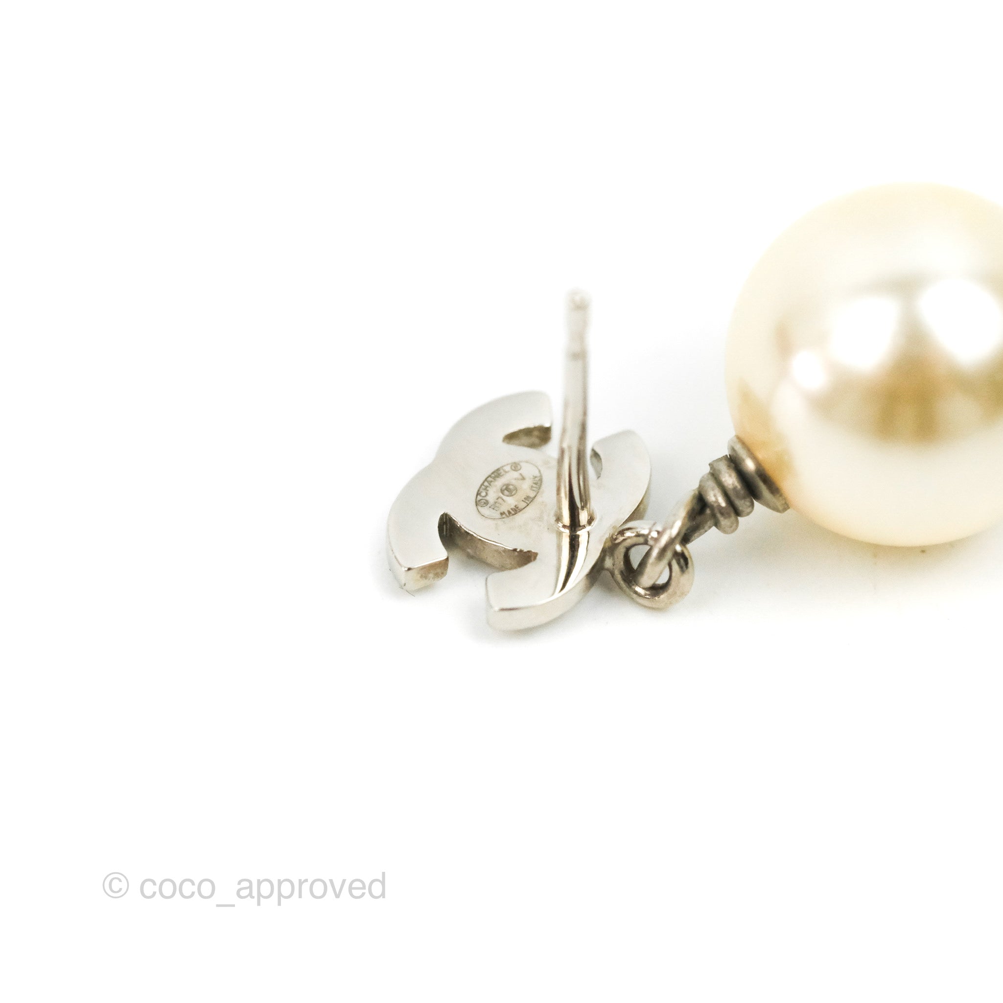 Chanel CC Rhinestone Pearl Drop Earrings - Silver Tone Luxury Dangle Earrings for Women | Perfect for Parties, Weddings & Special Occasions