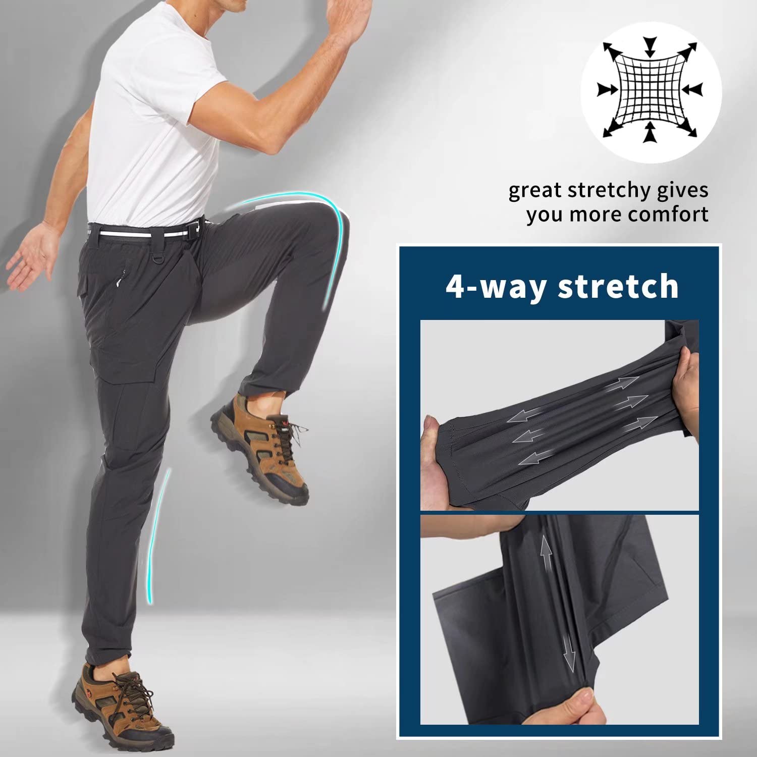 **Men's Quick Dry Waterproof Hiking Pants - Lightweight Outdoor Cargo Work & Fishing Pants with 6 Pockets & Adjustable Belt - Perfect for Camping, Trekking & Adventure Travel**