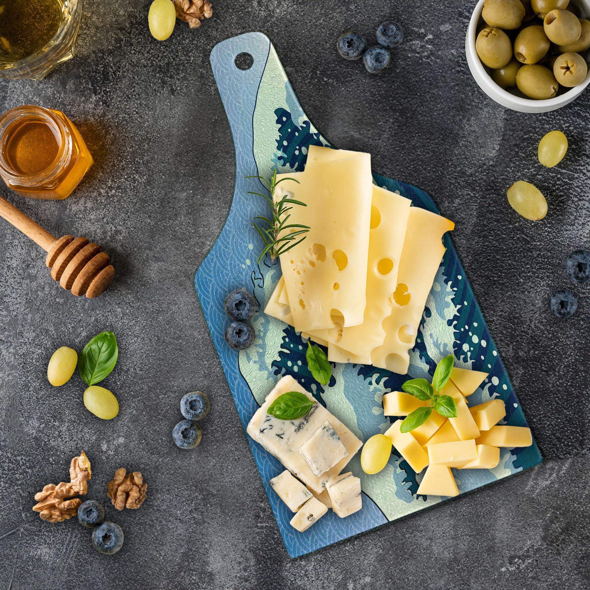 Ambesonne Japanese Wave Tempered Glass Cutting Board - Far Eastern Oceanic Storm Art, Teal Blue White Wine Bottle Design - Perfect for Sushi Serving, Charcuterie Display & Kitchen Decor