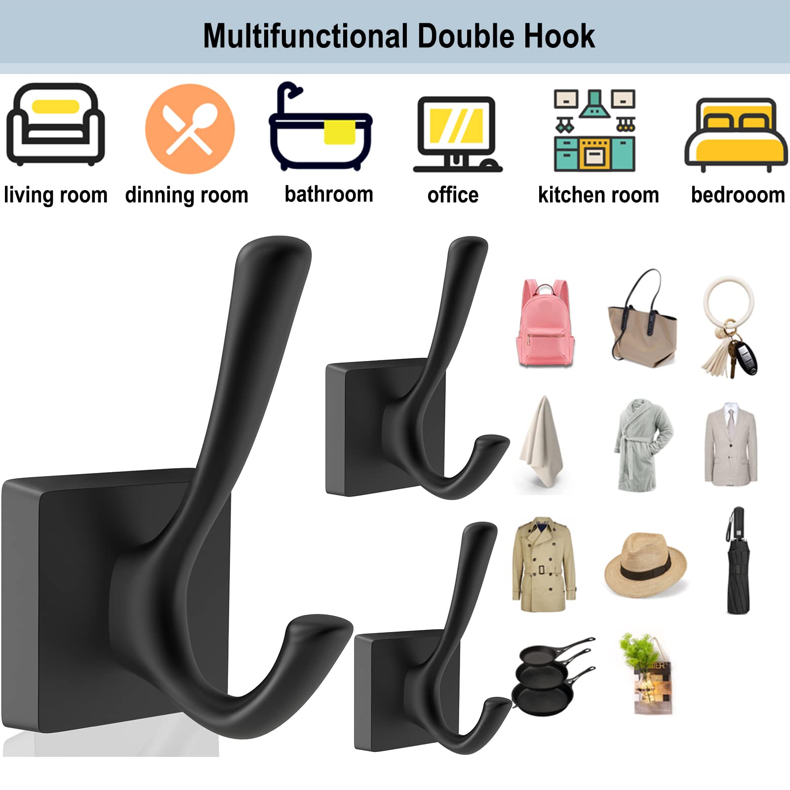 6 Pack Black Heavy Duty Wall Hooks - Modern Double Coat Hooks for Hanging Clothes, Robes, Towels & Backpacks | Perfect for Mudroom, Bathroom & Hallway Organization (Decorative Home Hooks)