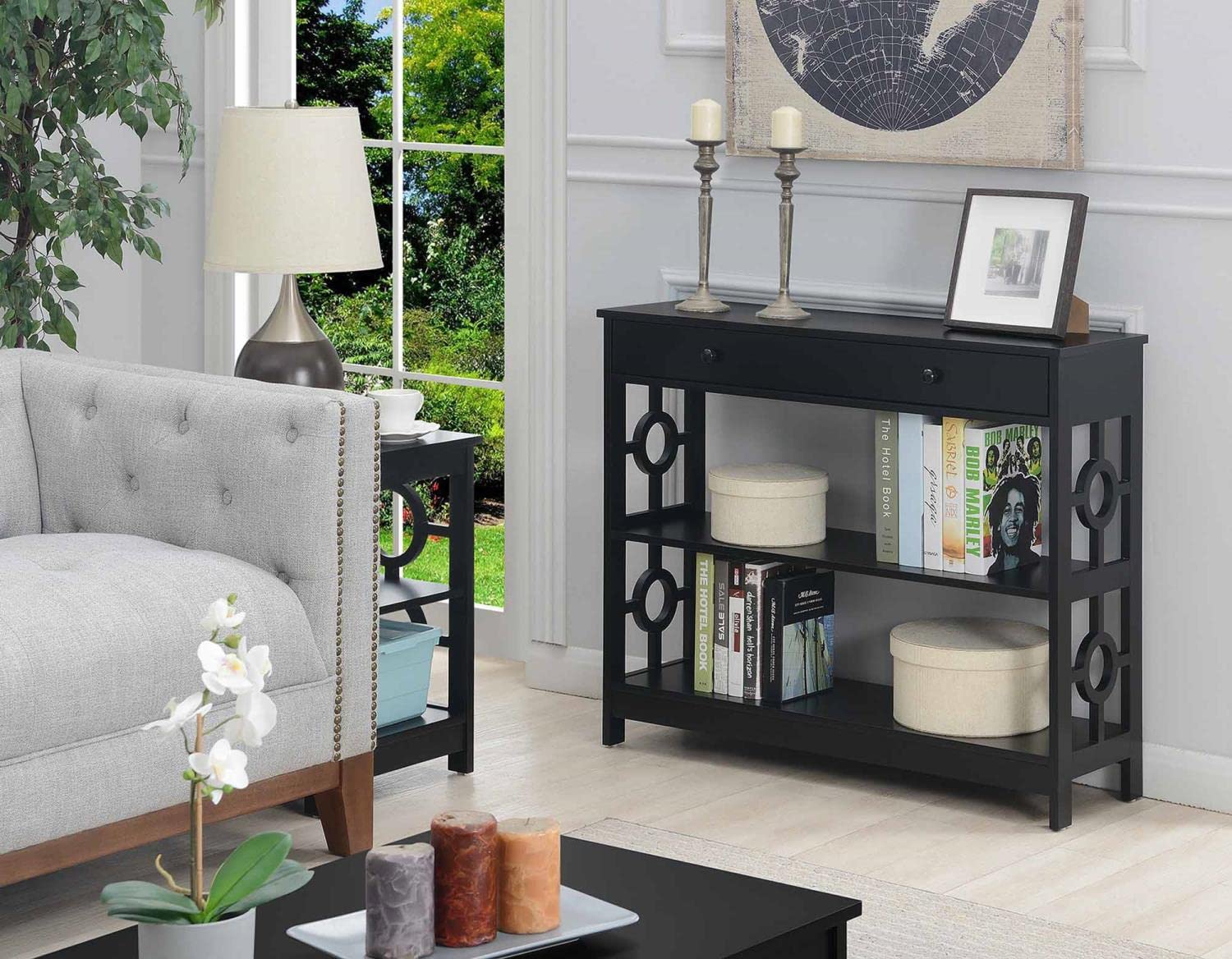 Convenience Concepts Ring 1 Drawer Console Table with Shelves - Black Entryway Sofa Table for Hallway, Living Room & Bedroom Organization