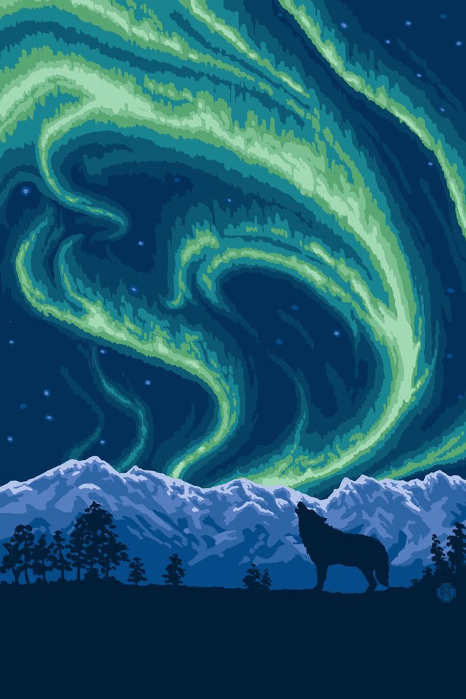 Lantern Press Northern Lights and Wolf Wall Art - 16x24 Wrapped Canvas Print for Home Decor, Living Room, Bedroom & Office | Aurora Borealis Wildlife Painting