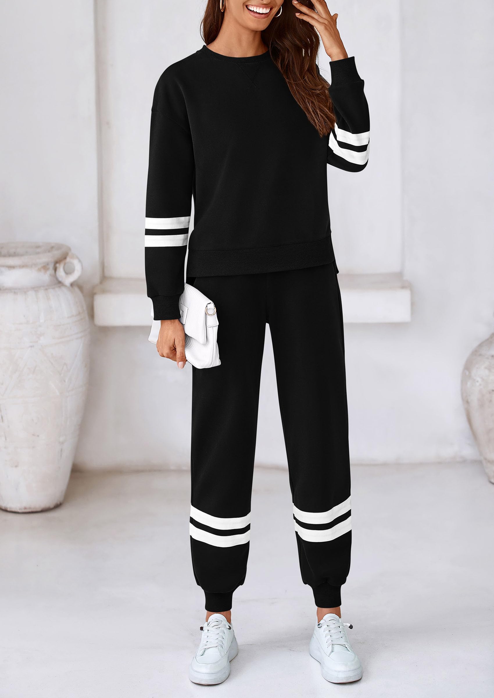 PRETTYGARDEN Women's 2 Piece Striped Tracksuit Set - Long Sleeve Sweatshirt & Sweatpants Lounge Outfit | Casual Wear, Yoga, Running, Home Relaxation