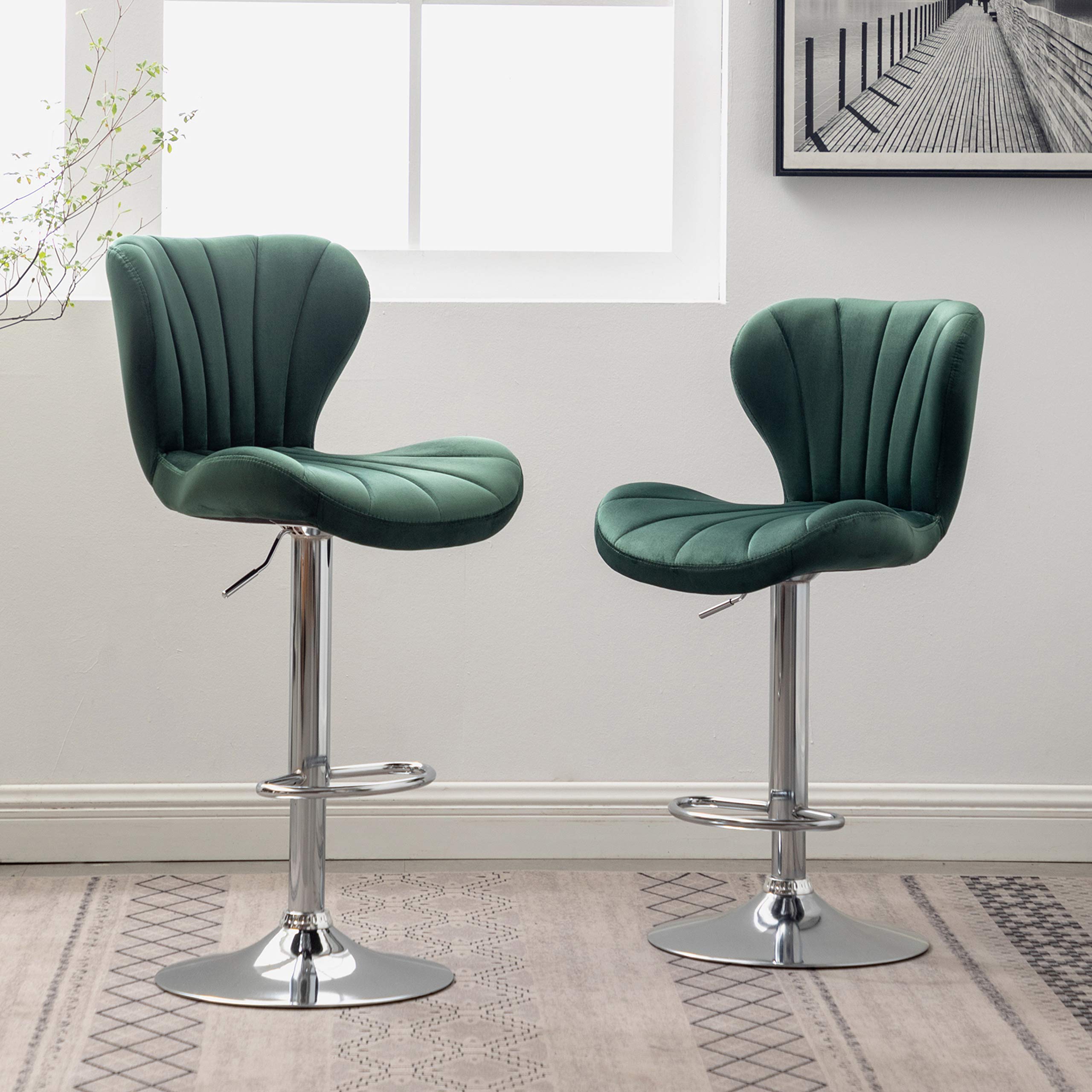 Roundhill Furniture Ellston Velvet Adjustable Swivel Bar Stools - Set of 2, Green Velvet Upholstery, Counter Height Stools for Kitchen Island, Bar or Breakfast Nook