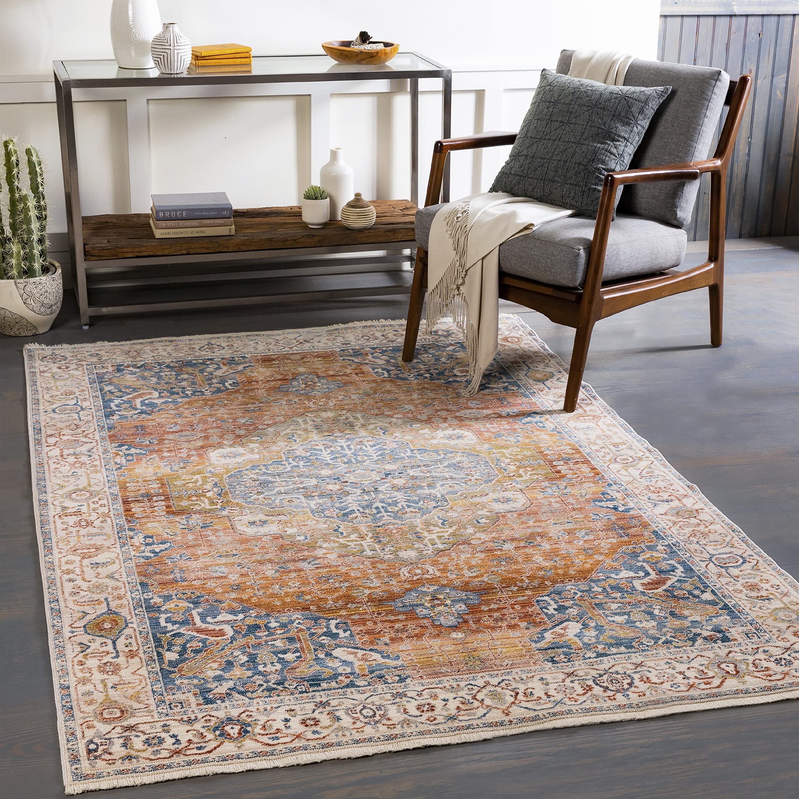 Mark&Day Leavenworth Traditional Saffron Area Rug 9x13 - Orange Blue Cream Handmade Carpet for Living Room, Bedroom, Kitchen - Soft & Durable 8'10