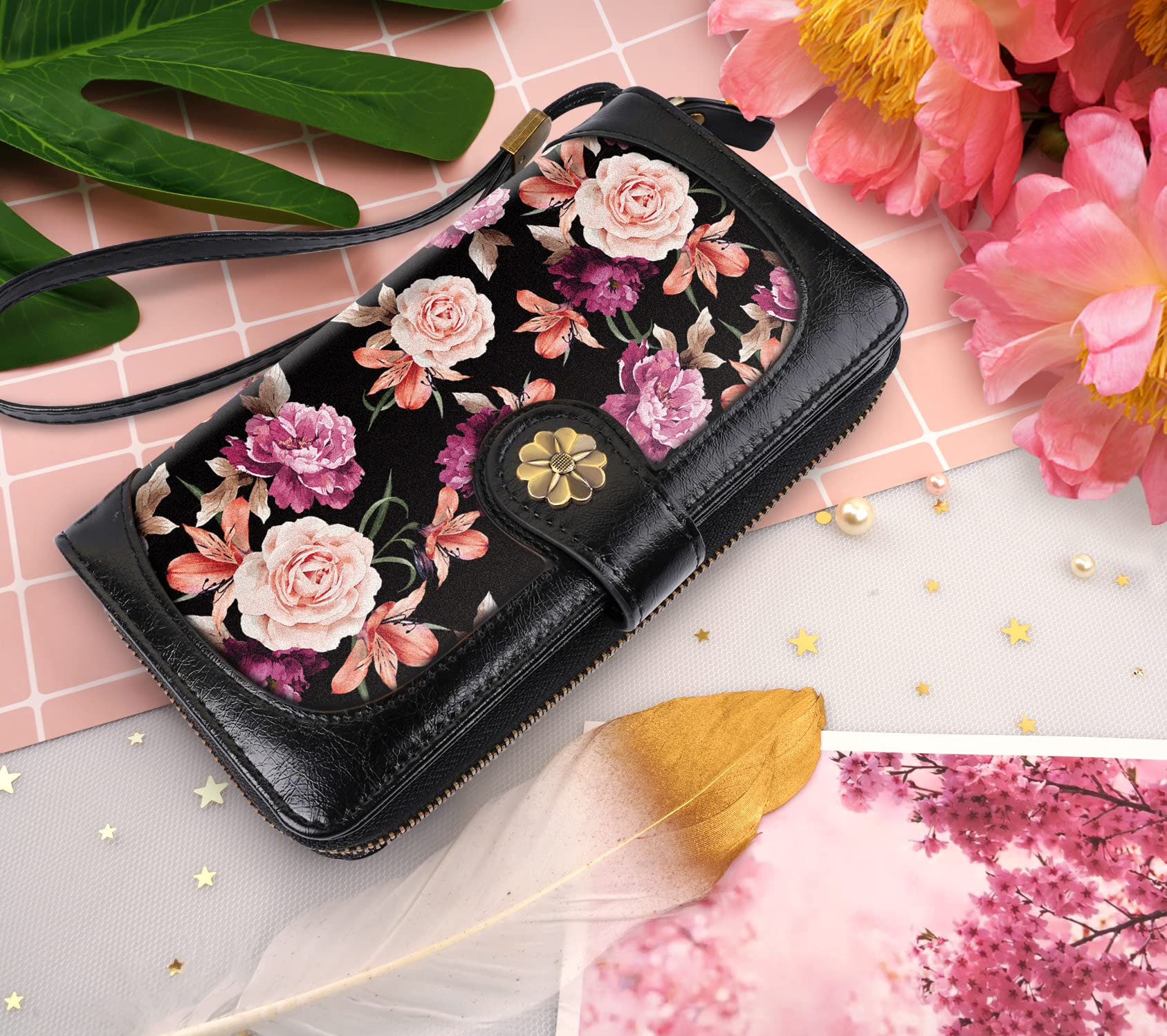 Women's RFID Blocking Leather Wallet with Multi Card Slots & Wrist Strap - Slim Clutch Purse Organizer for Credit Cards, Cash & ID - Perfect for Travel, Shopping & Everyday Use