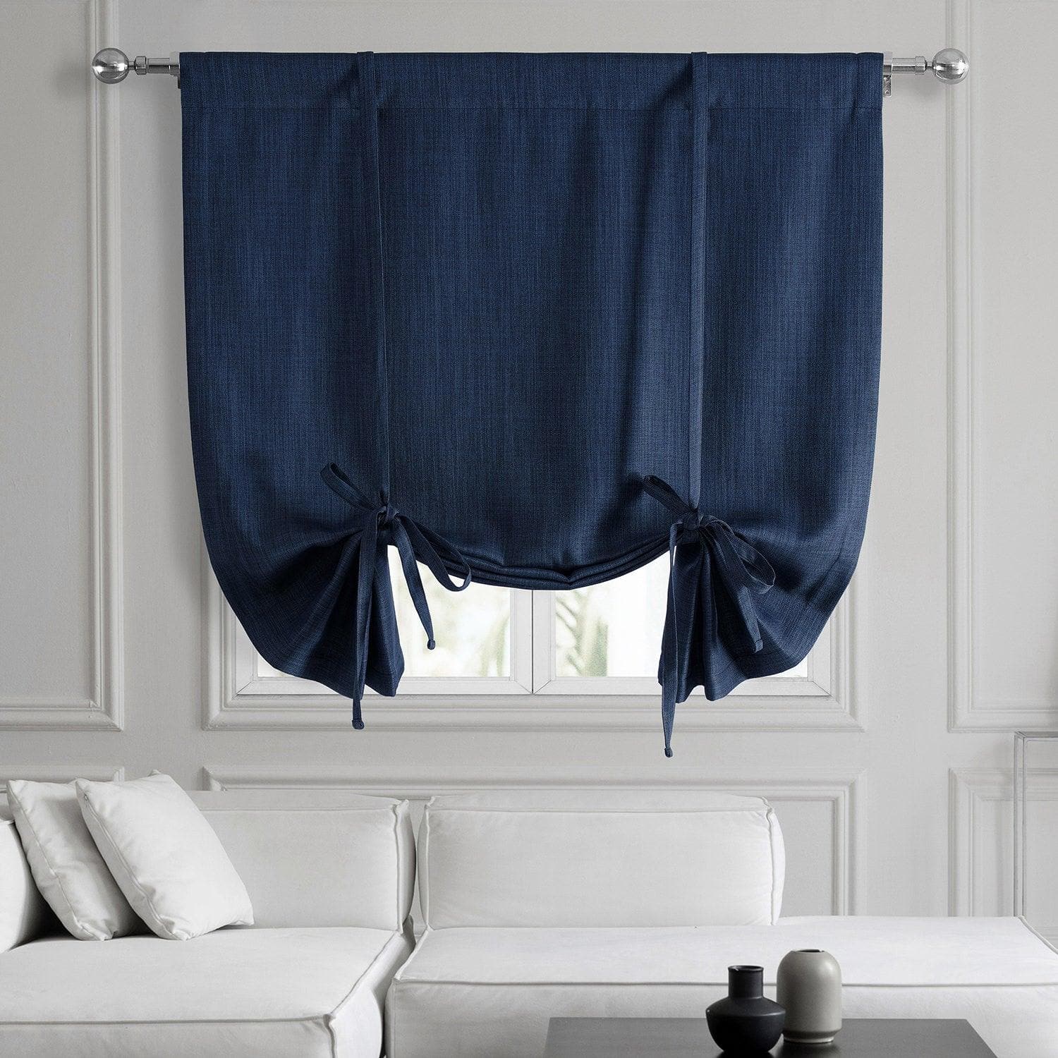 Indigo Textured Faux Linen Blackout Window Shades - Light Blocking Tie-Up Curtain Panels for Bedroom, Living Room & Nursery
