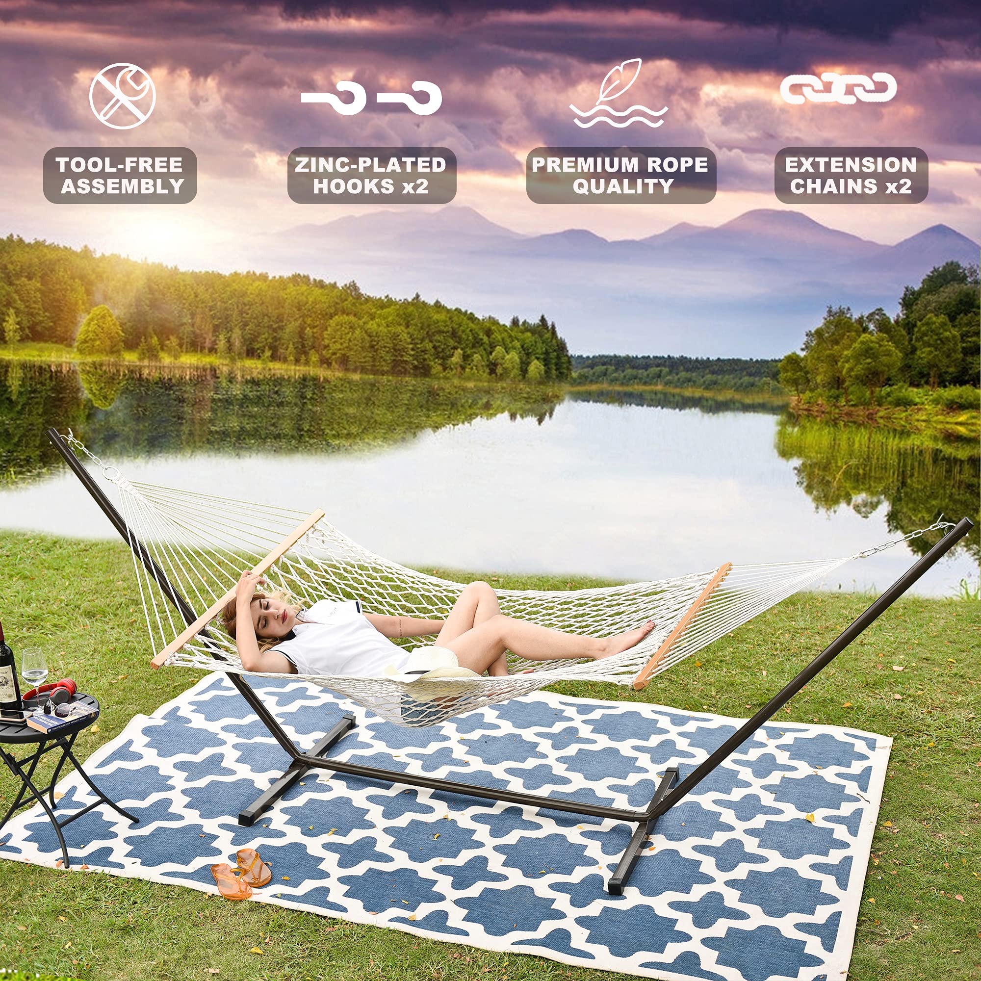 Best Double Hammock with Stand - 12 ft Steel Frame, 2 Person Cotton Rope Hammock with Quilted Pad & Accessories (Red/Navy Stripes) - Perfect for Backyard Relaxation, Camping & Beach Lounging