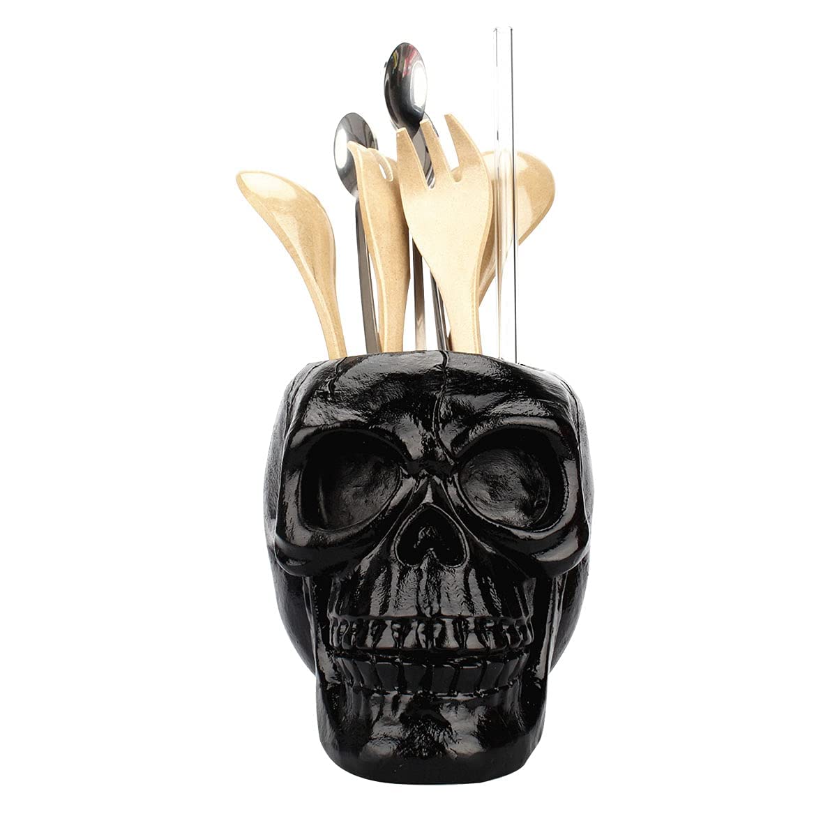 Skull Head Makeup Brush Holder - Cosmetic Organizer & Pen Stand for Bathroom, Dressing Room, Desk & Dorm | Black Makeup Accessory Storage for Brushes, Pencils & Beauty Tools