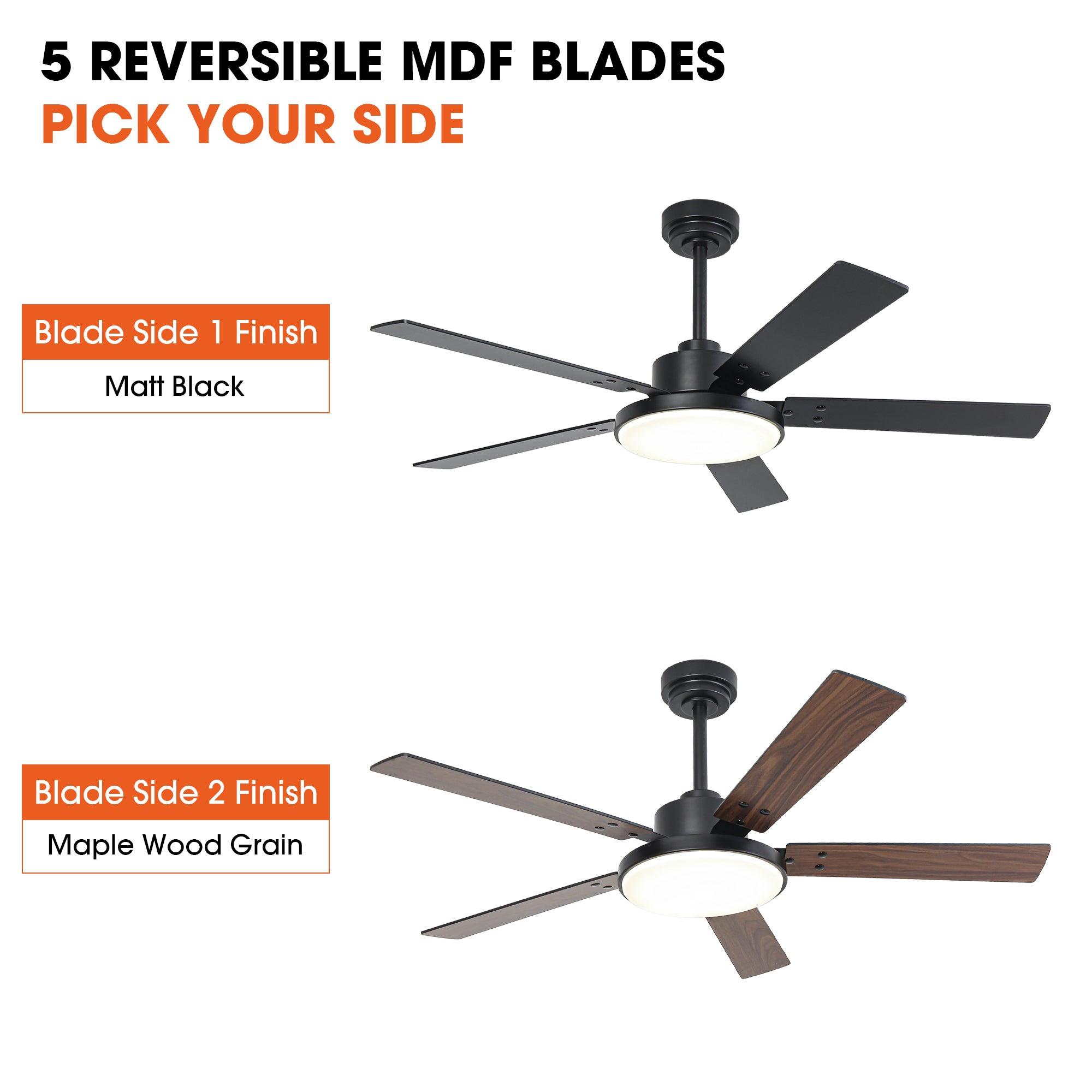 Vaczon 52 Inch 5-Blade Modern Ceiling Fan with LED Light, Remote Control & DC Motor - Energy Efficient Cooling for Living Room, Bedroom & Patio