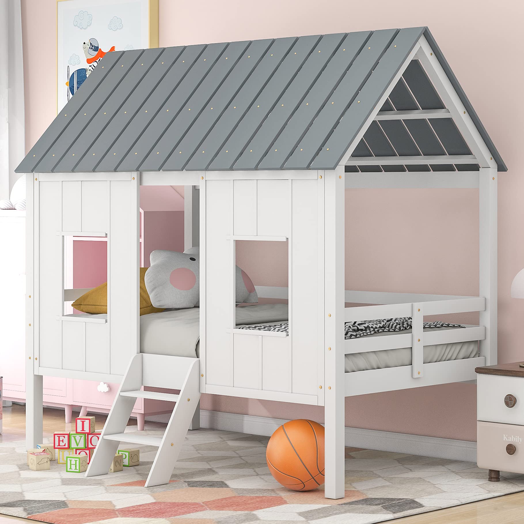 Wooden Twin Loft Bed with Roof & Ladder - Kids House-Shaped Low Bunk Bed in White - Perfect for Small Bedrooms, Playrooms & Space-Saving Kids' Rooms