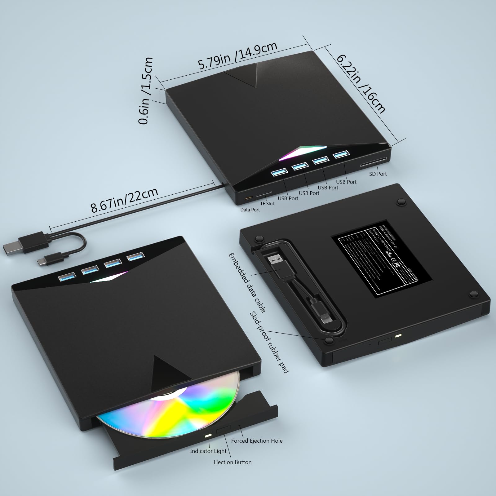USB 3.0 External CD/DVD Drive Burner - 7-in-1 Portable DVD/CD +/-RW Writer with 2 USB Ports & SD/TF Card Reader - Compatible with Laptop, Mac, Windows 11/10/8/7, Linux - Perfect for Home Office, Travel, and Media Backup