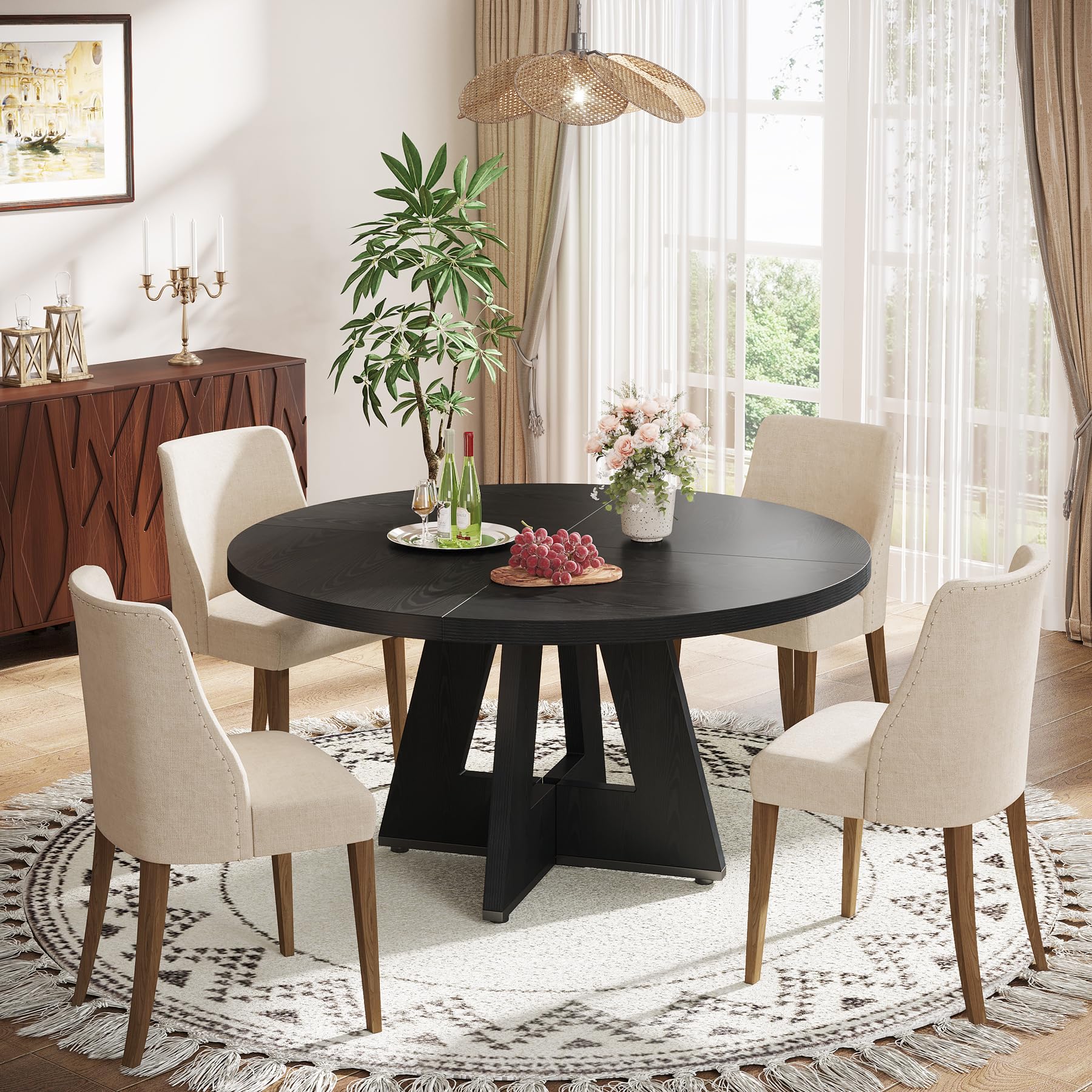 Tribesigns 47 Inch Round Farmhouse Dining Table - Rustic Wooden Dinner Table for 4, Perfect for Home Dining Room & Living Room | Ideal for Family Meals, Entertaining Guests & Small Space Decor (Black)