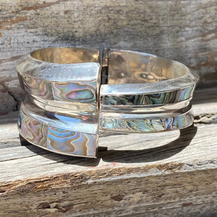 Vintage Sterling Silver Abalone Clamper Bracelet from Taxco Mexico - Handmade Jewelry for Boho Style & Beach Fashion