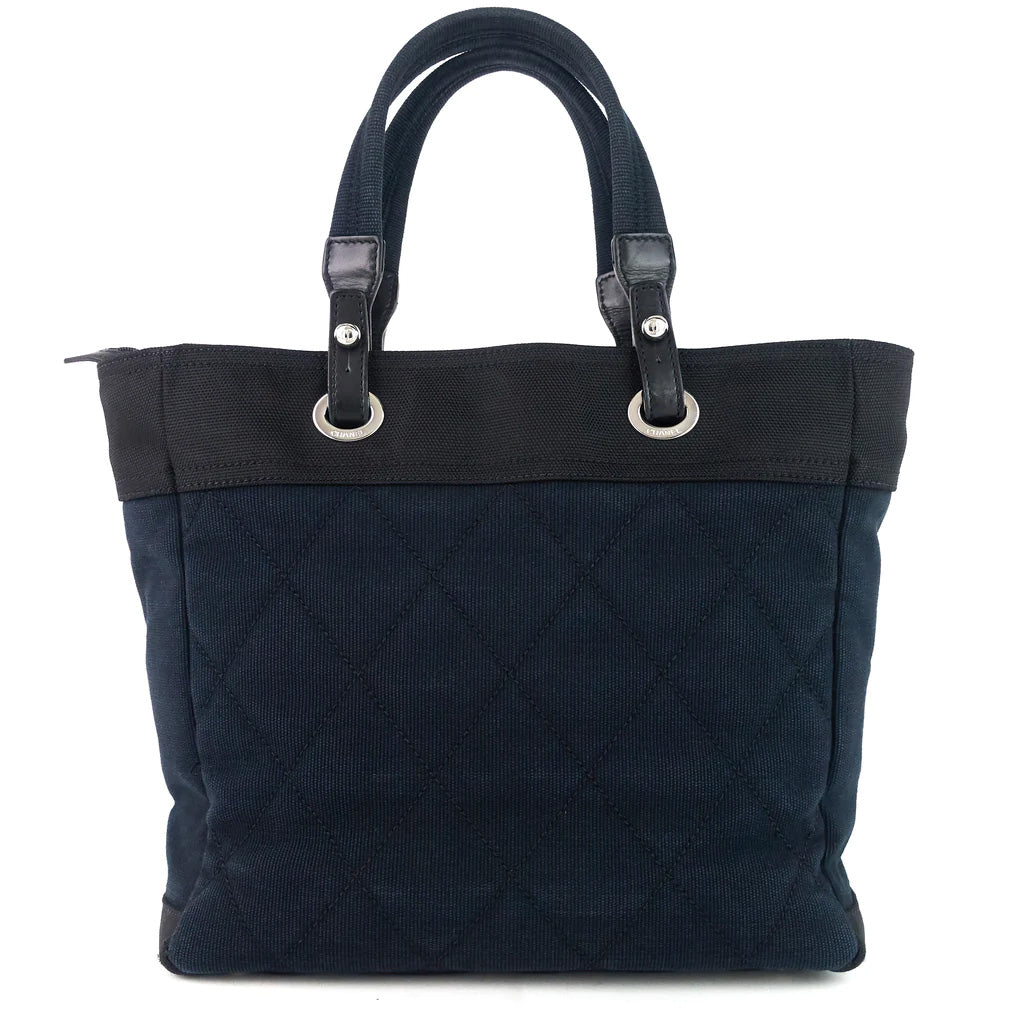 Chanel Paris Biarritz MM Black and Navy Nylon Tote Bag for Women - Luxury Designer Handbag for Travel, Work & Everyday Use