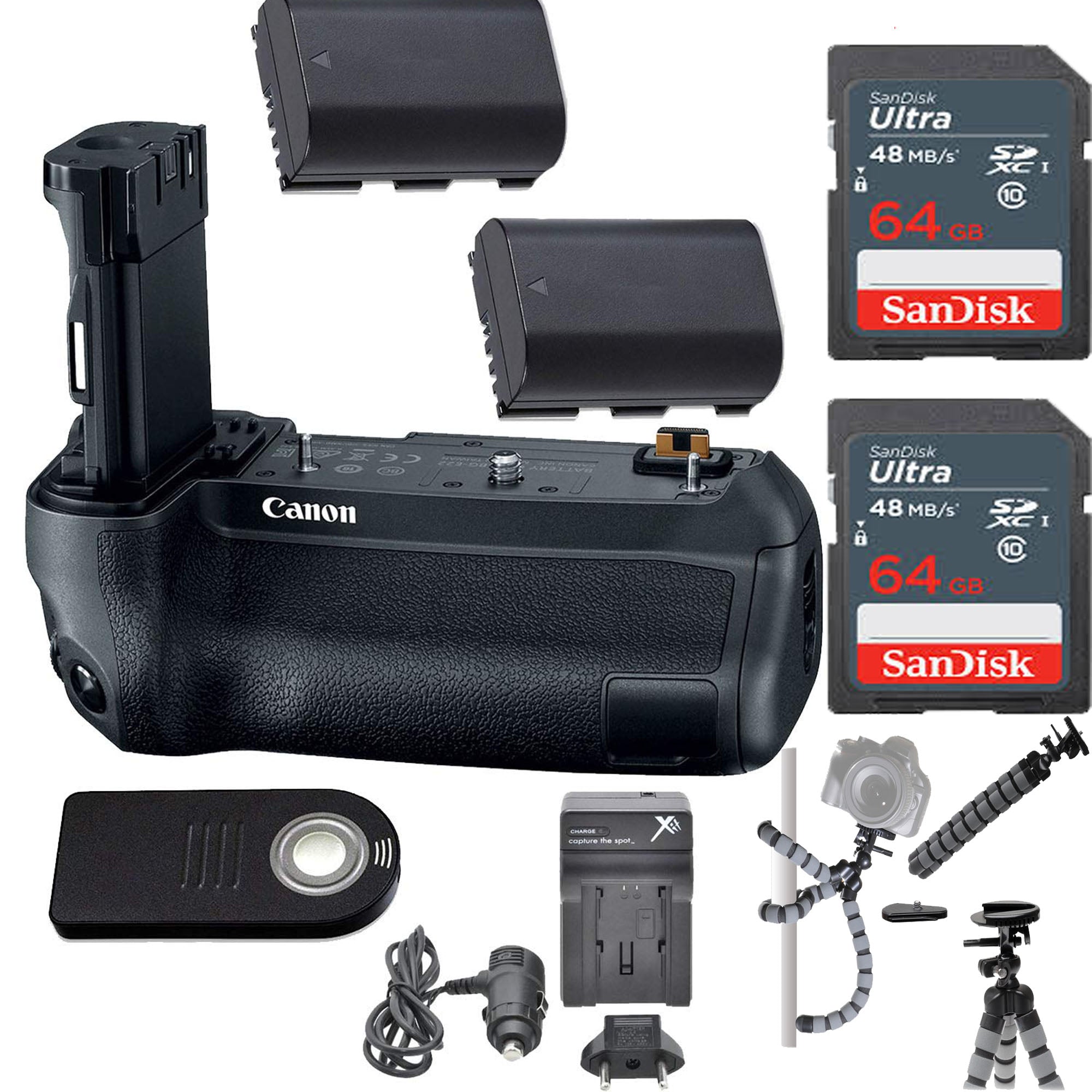Canon BG-E22 Battery Grip for EOS 90D & 80D DSLR Cameras with 2x SanDisk 64GB Extreme PRO SDXC Memory Cards - Professional Photography Bundle for Travel & Outdoor Shooting
