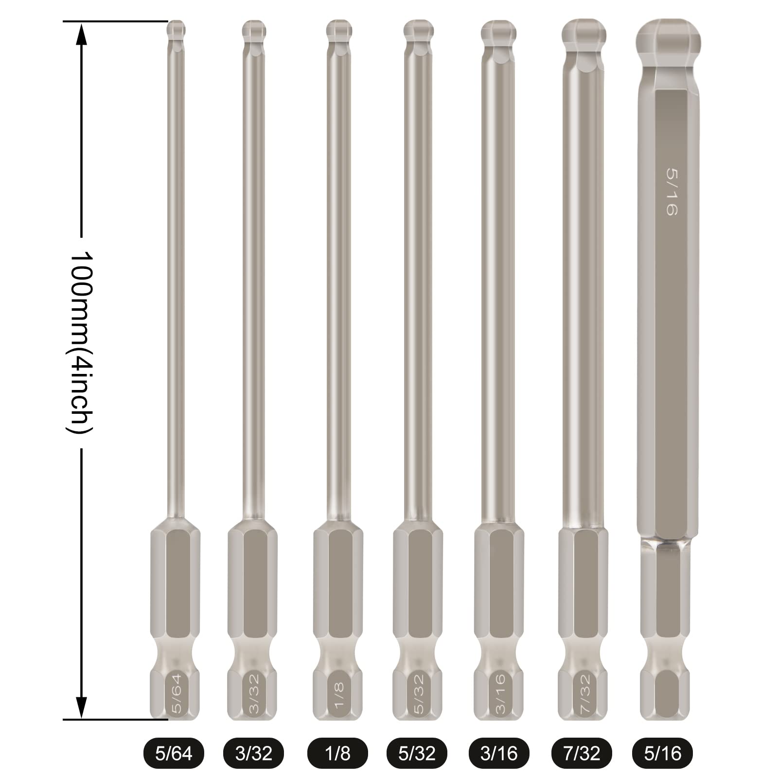 7-Piece SAE Ball End Hex Screwdriver Bit Set - Magnetic 1/4