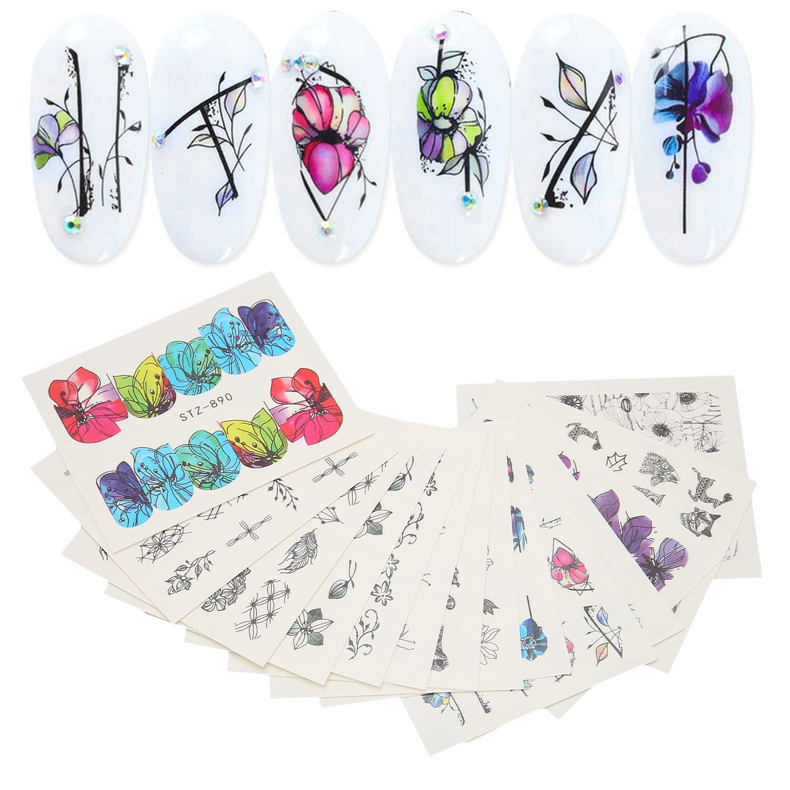 14pcs Chinese Ink Painting Nail Stickers - Waterproof Adhesive Nail Polish Wraps for Women - DIY Nail Art Decorations for Parties, Weddings & Everyday Wear