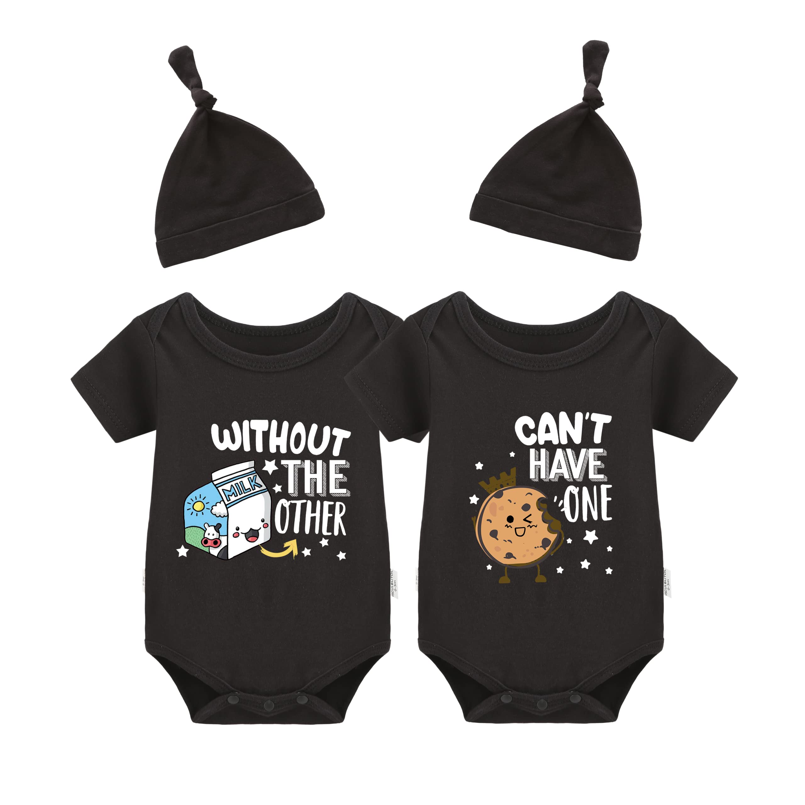 YSCULBUTOL Baby Twins Bodysuits - Soft Cotton Unisex Infant Romper Outfits with Matching Hat | Cute Cookie & Milk Print Twin Baby Clothes for Newborns, Photo Shoots & Everyday Wear