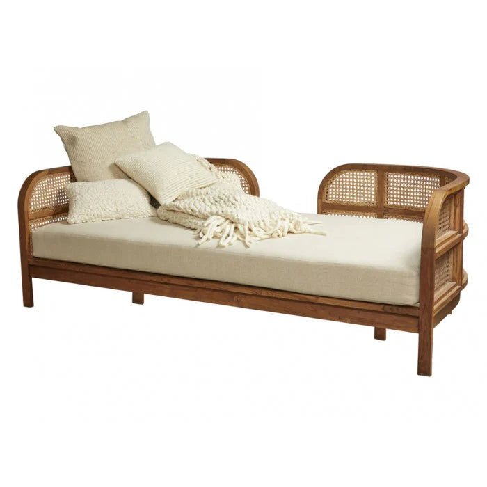Natural Wood and Cane Daybed with Cushions - Boho Chic Lounge Chair for Patio, Bedroom or Living Room - Perfect for Relaxing, Reading and Sunbathing
