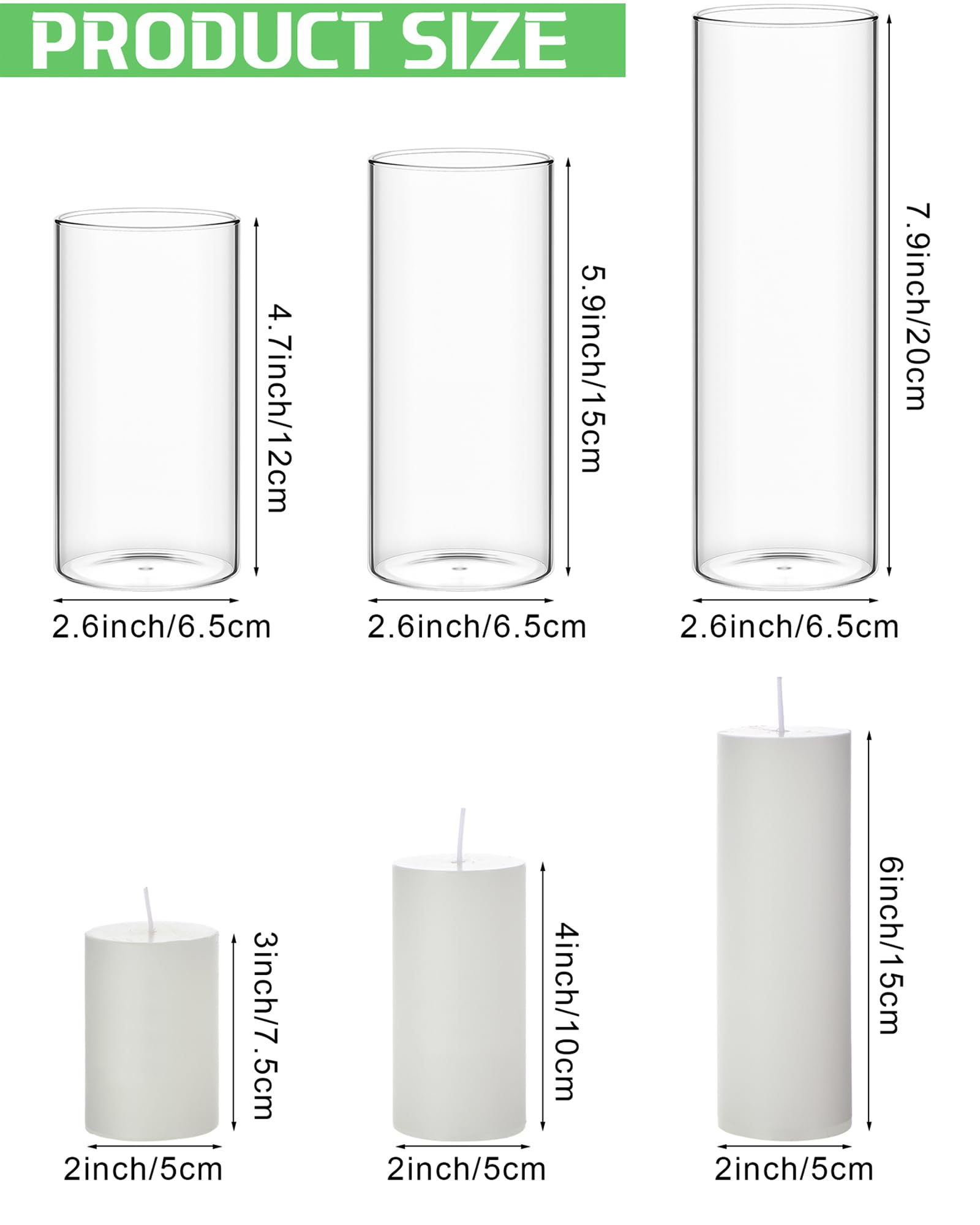 Shihanee 108-Piece White Pillar Candles & Clear Glass Cylinder Vases Set - 54 Complete Candle Holders for Table Decor, Weddings, Parties & Home Décor