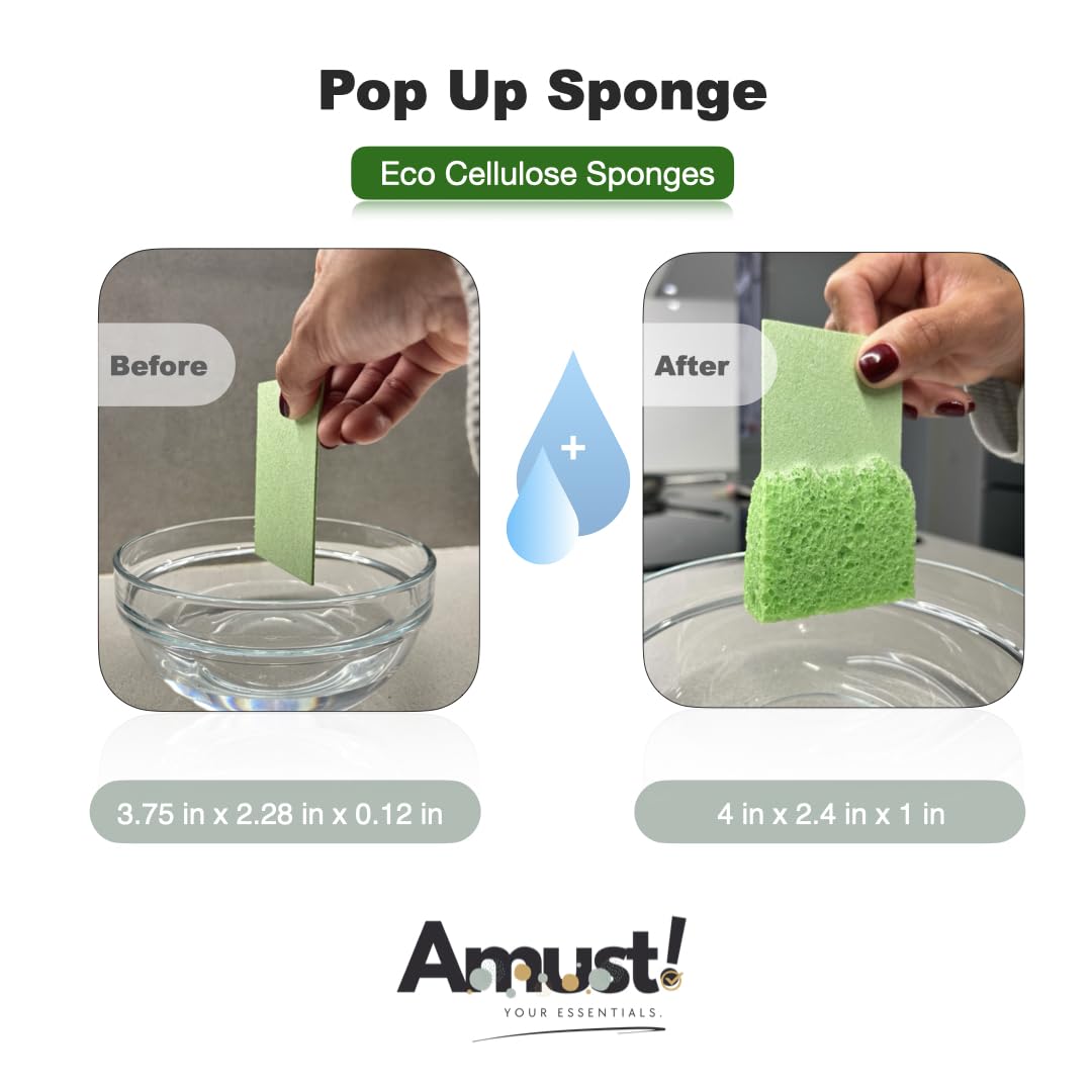 12-Pack Natural Cellulose Sponges for Kitchen & Bathroom Cleaning - Compressed Pop-Up Sponges Bulk (Green & Yellow) - Perfect for Dishes, Countertops, Sinks, and Household Cleaning Tasks