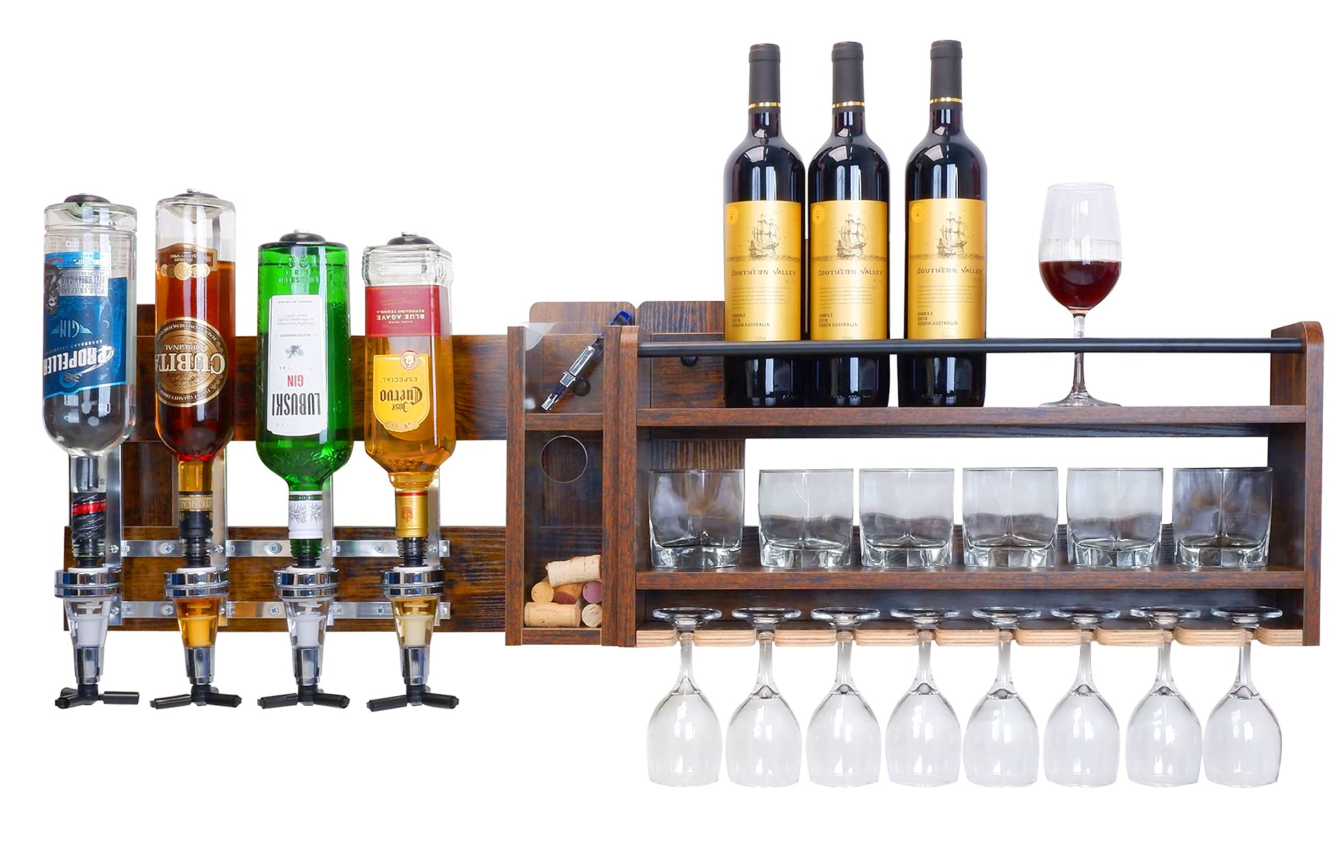 Rustic Farmhouse Wall Mounted Wine Rack - Wooden Wine Shelf with 4-Bottle Storage & Stemware Holder - Perfect for Home Bar, Kitchen Decor, Dining Room, and Wine Cellar Organization