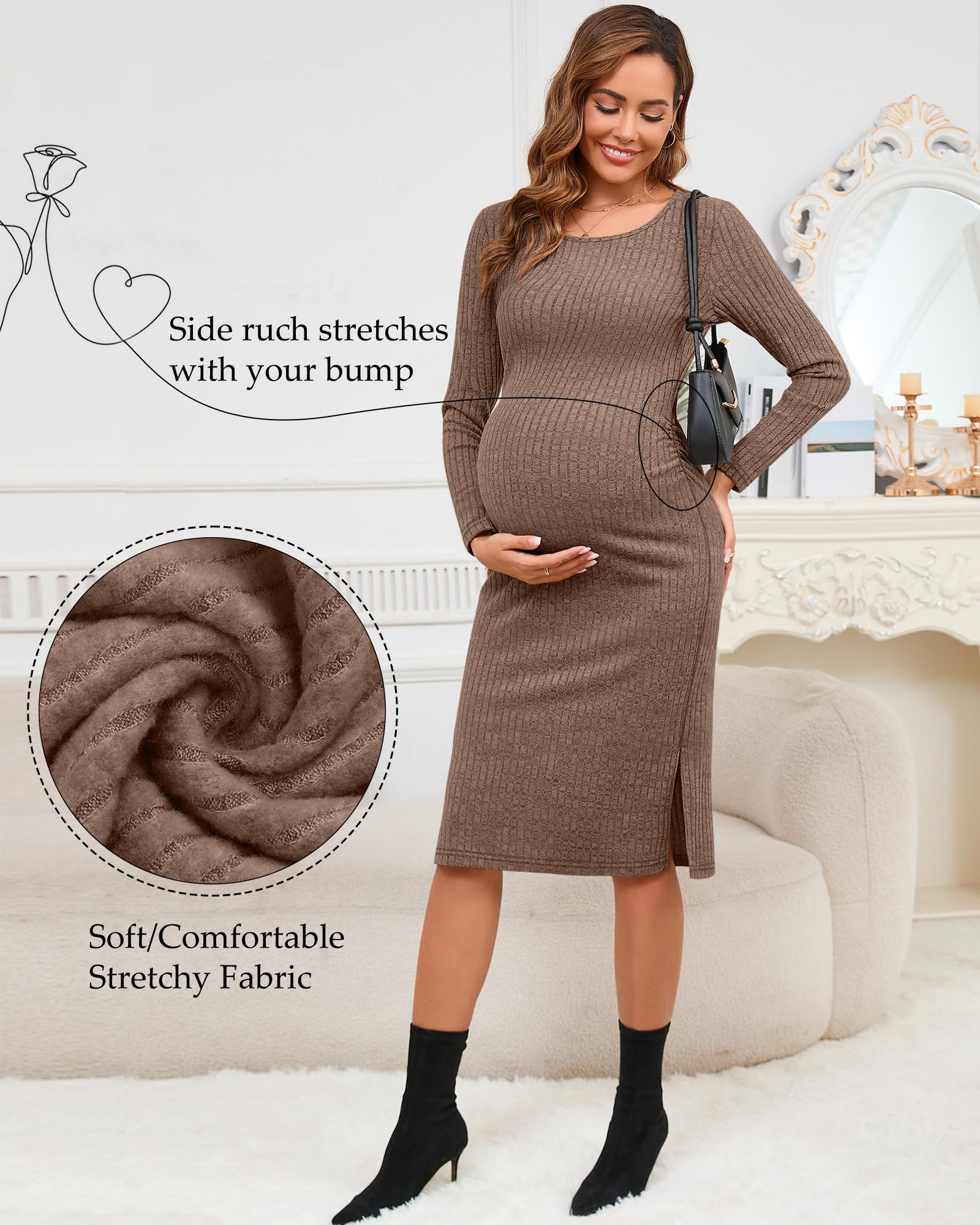 Ficerd Women's Ribbed Knit Maternity Dress - Long Sleeve Pregnancy Bodycon Dress with Side Split & Stretchy Fabric for Baby Shower, Nursing, and Everyday Wear
