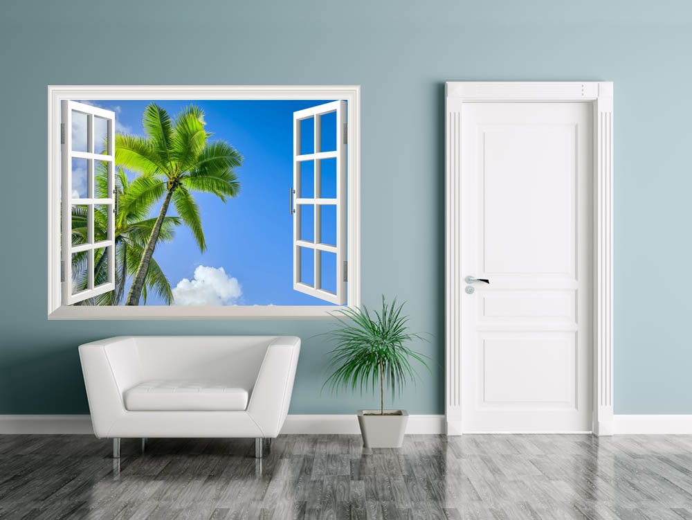 Wall26 Removable Tropical Palm Tree Wall Sticker - Blue Sky Landscape Mural for Home & Window Decor | 24
