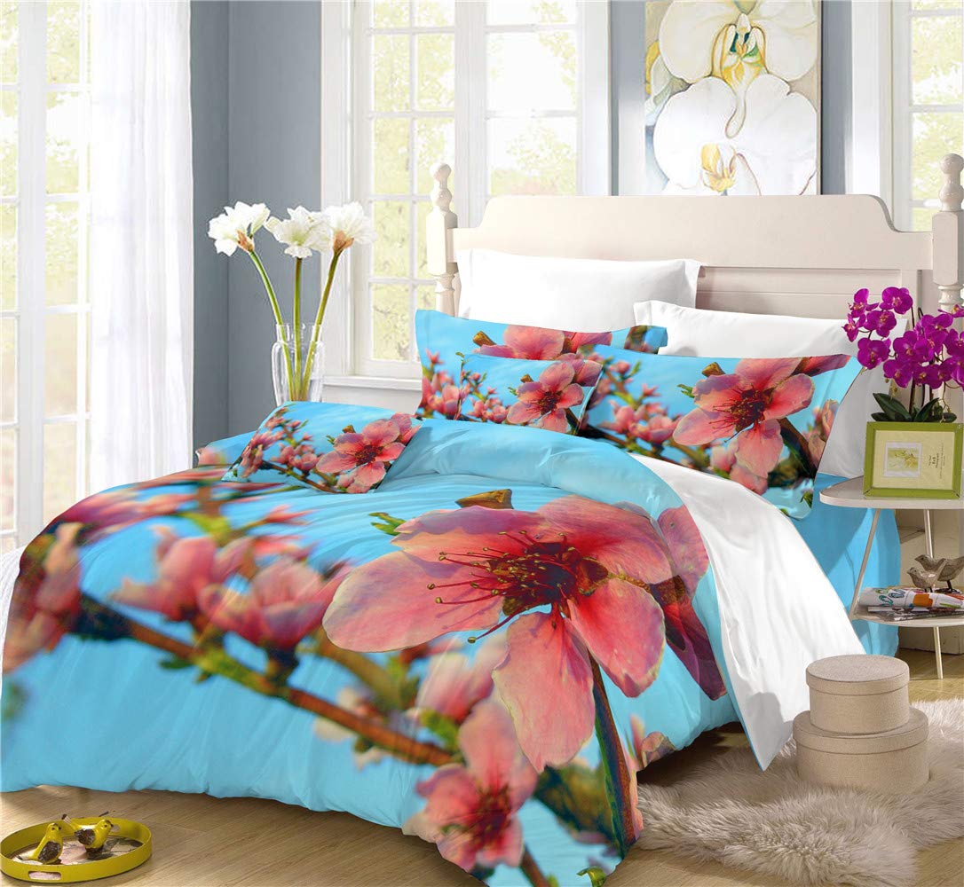 REALIN Pink and White Cherry Blossom Duvet Cover Set - 2/3/4PCS Spring Floral Bedding with Quilt Cover, Sheets & Pillow Shams - Twin/Full/Queen/King Size (Full-200x229cm-4PCS) - Perfect for Spring Bedroom Decor, Wedding Gift, and Guest Room Makeover