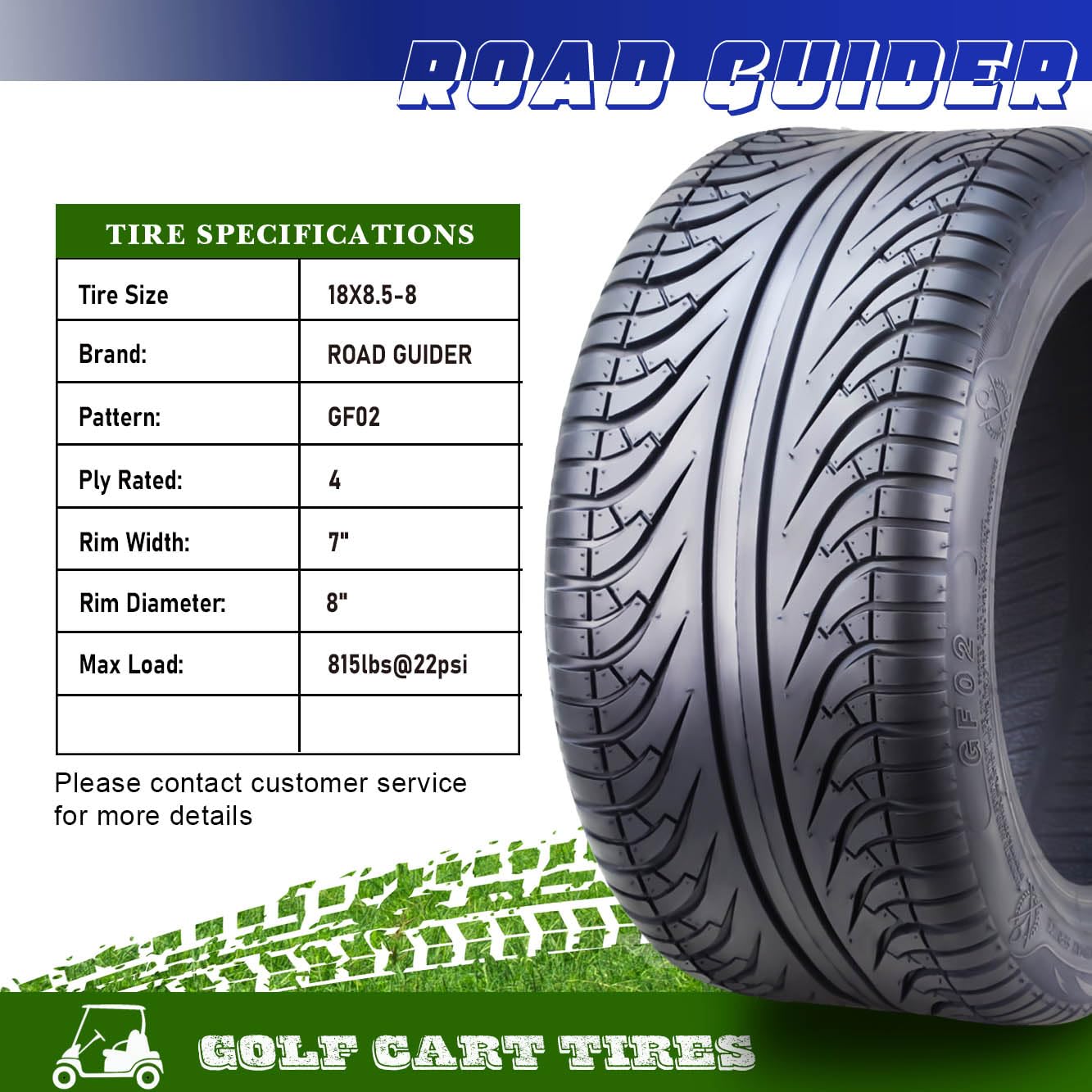 ROADGUIDER 18x8.5-8 Golf Cart & ATV Tires - Set of 2 - 4 Ply All-Terrain Tires for Golf Carts, Utility Vehicles & Lawn Tractors - Durable Traction for Grass, Mud & Snow (Model 14039)