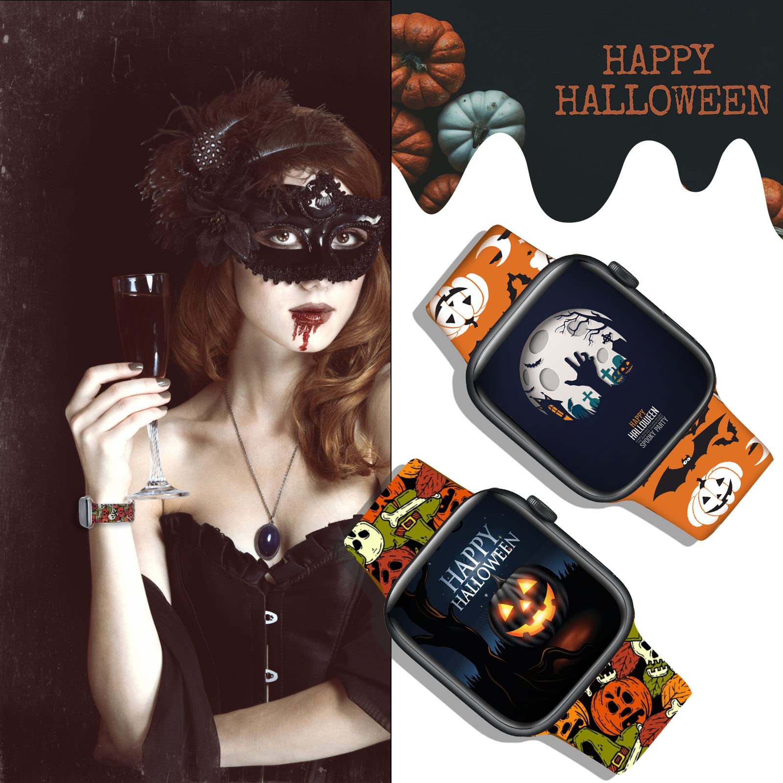 Halloween Apple Watch Bands 2 Pack - Skull Pattern Silicone Sport Strap Compatible with iWatch Series 8/7/6/5/4/3/2/1/SE (38mm/40mm/41mm/42mm/44mm/45mm/49mm) - Waterproof Soft Wristband for Women - Perfect for Halloween Parties, Costume Accessories & Spooky Gift Ideas
