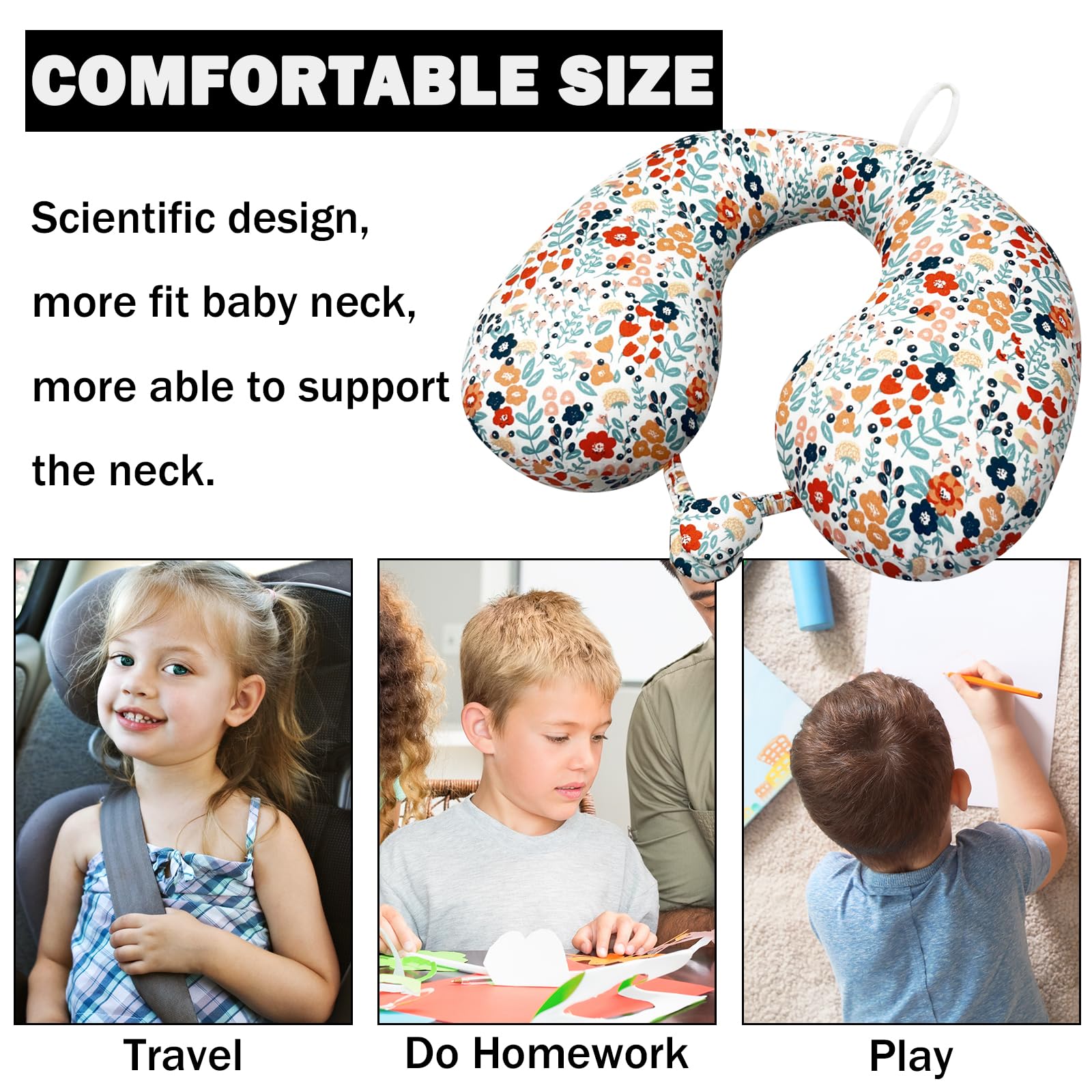 Kids Travel Pillow for Car & Airplane - Soft Neck Support Pillow with 100% PP Cotton Insert, Comfortable Head & Chin Rest for Toddlers - Perfect for Long Flights, Road Trips & Outdoor Adventures (White Flower Design)