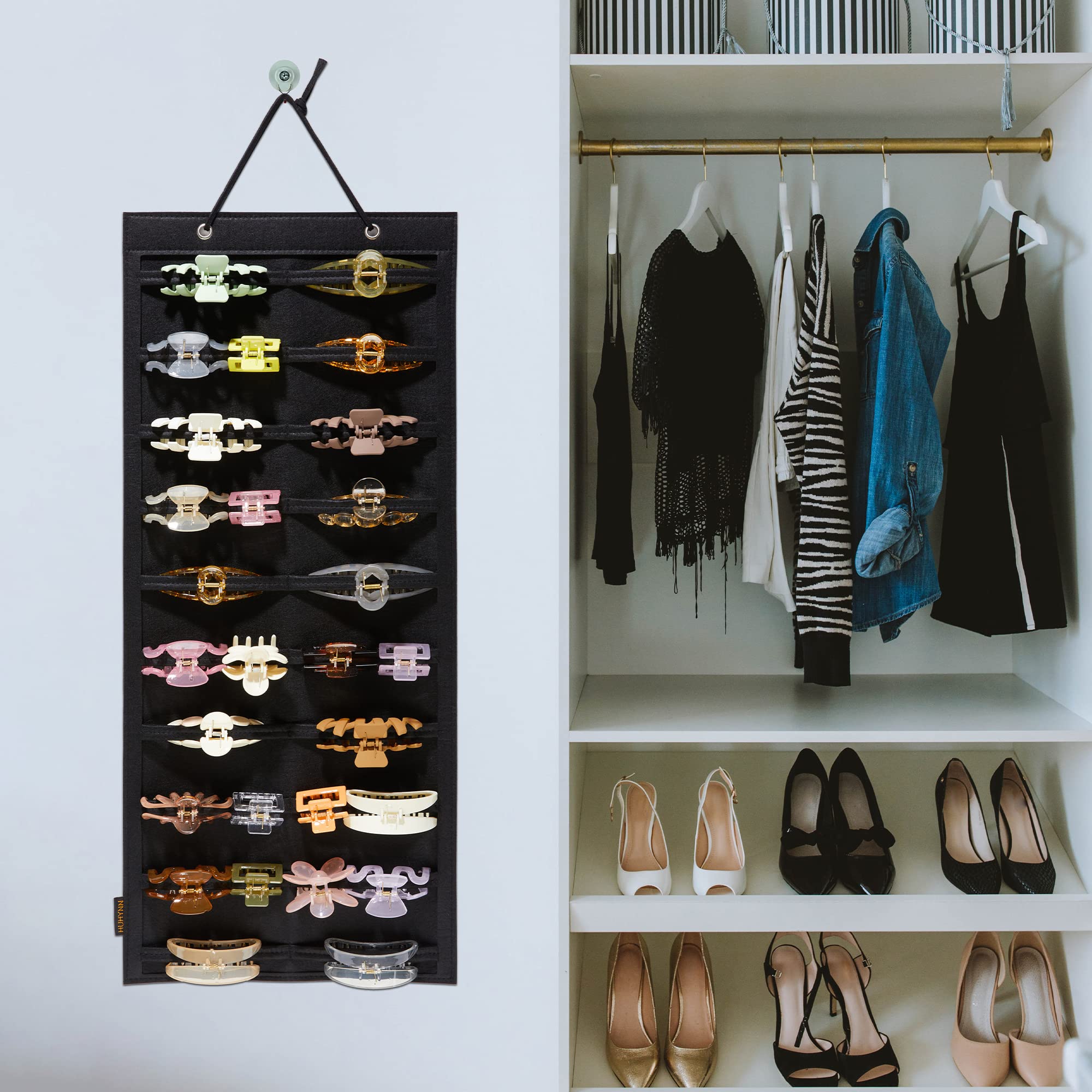 Wall Mounted Hair Claw Clip Organizer for Women & Girls - Black Hair Accessory Storage Holder for Closet, Door, or Bathroom - Perfect for Home, Dorm, and Travel Organization