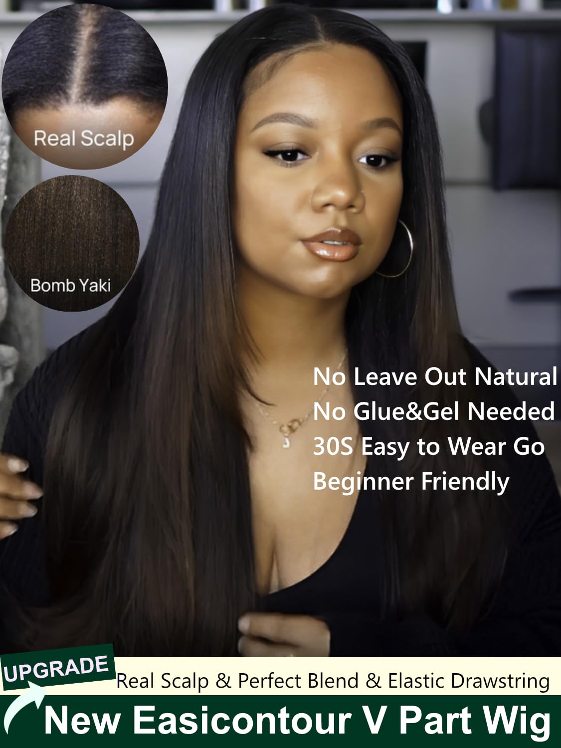 KLAIYI Ombre Brown V Part Human Hair Wig - Yaki Straight 24 Inch Glueless U Part Wig with Dark Roots, No Glue No Lace, Easy Wear & Go for Beginners | Perfect for Daily Wear, Parties, Cosplay & Protective Styling