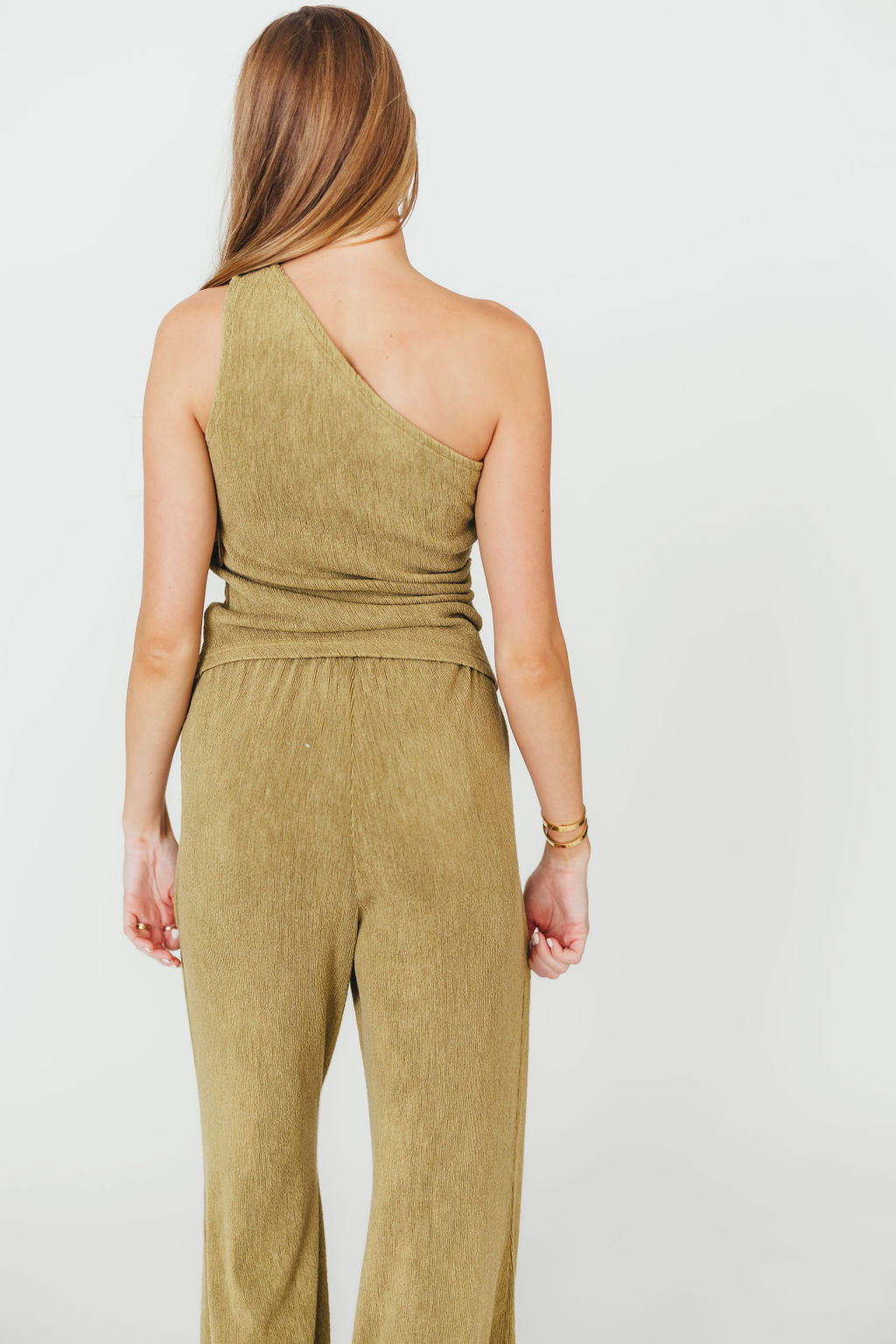 Ashley Asymmetrical One Shoulder Top and Pants Set - Olive Green Women's Fashion Outfit for Party, Date Night & Special Occasions