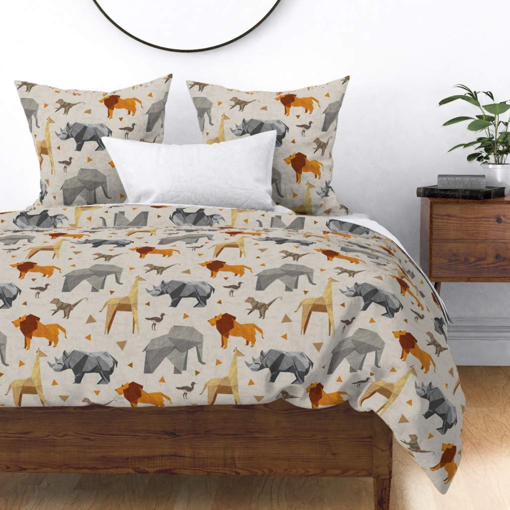 Origami Safari Animal Print Cotton Sateen Duvet Cover - Twin Size with Lion, Monkey, Giraffe & Rhino Design | Gender Neutral African Wildlife Bedding for Kids & Adults | Perfect for Jungle Themed Bedrooms & Nursery Decor