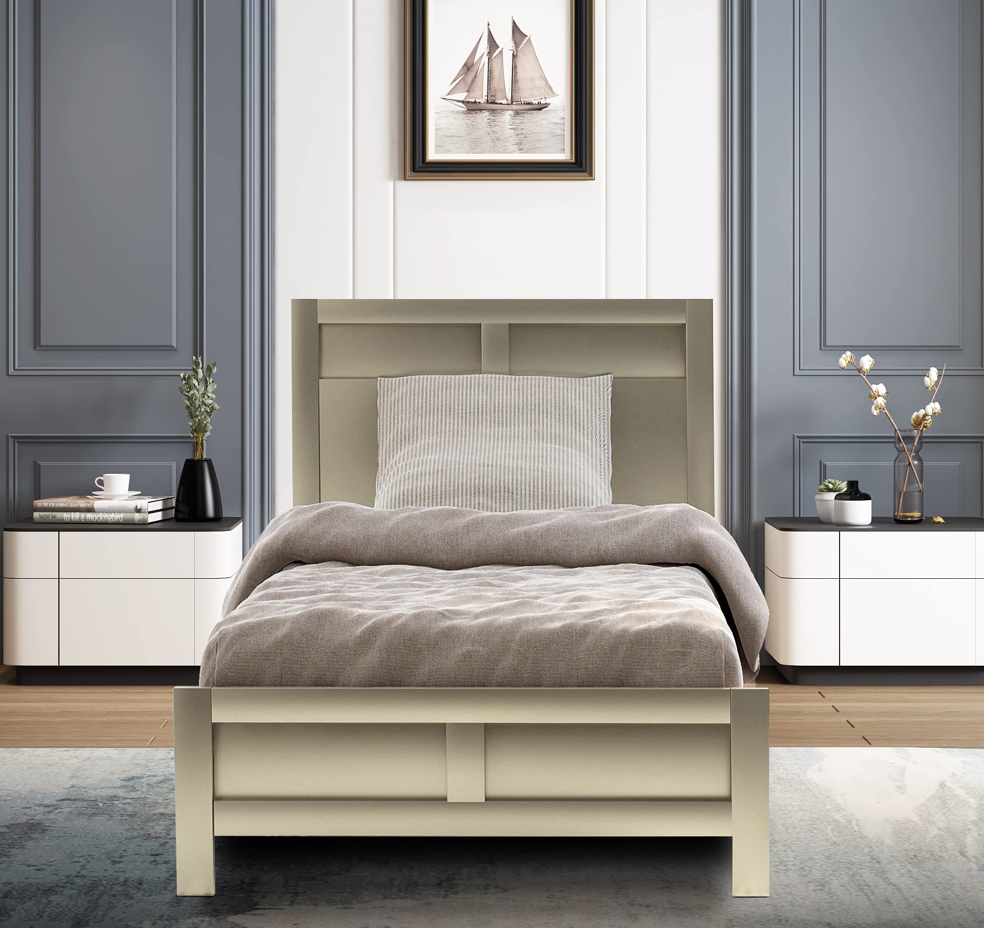 Melpomene Twin Bed Frame with Headboard - Solid Wood Platform Bed, No Box Spring Needed, Noise Free & Easy Assembly for Bedroom, Kids, Teens & Adults - Perfect for Small Spaces, Guest Rooms & Dormitories (Gray Twin)